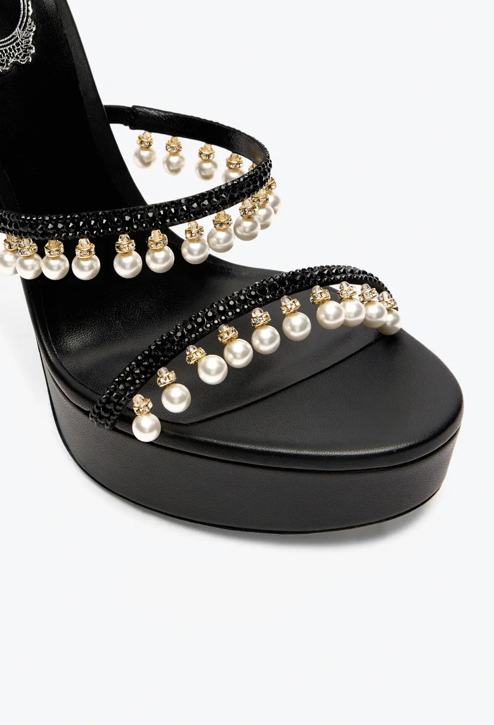 Rene Caovilla CHANDELIER BLACK PLATFORM SANDAL WITH PEARLS 130