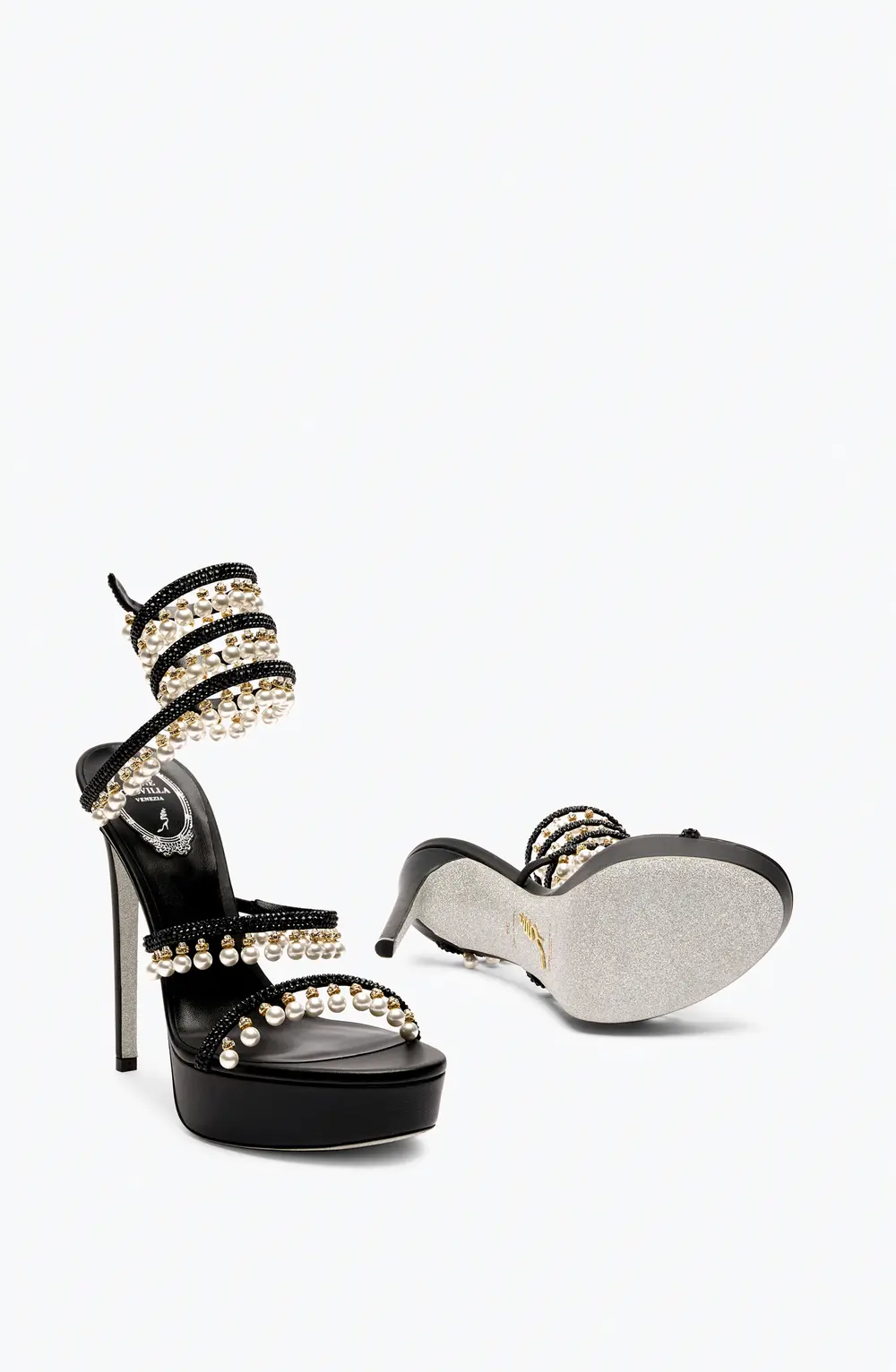 Rene Caovilla CHANDELIER BLACK PLATFORM SANDAL WITH PEARLS 130