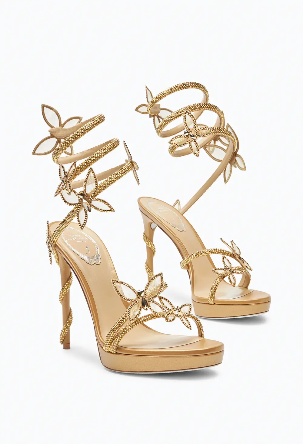 Rene Caovilla Margot Gold Platform Sandal With Butterflies 120