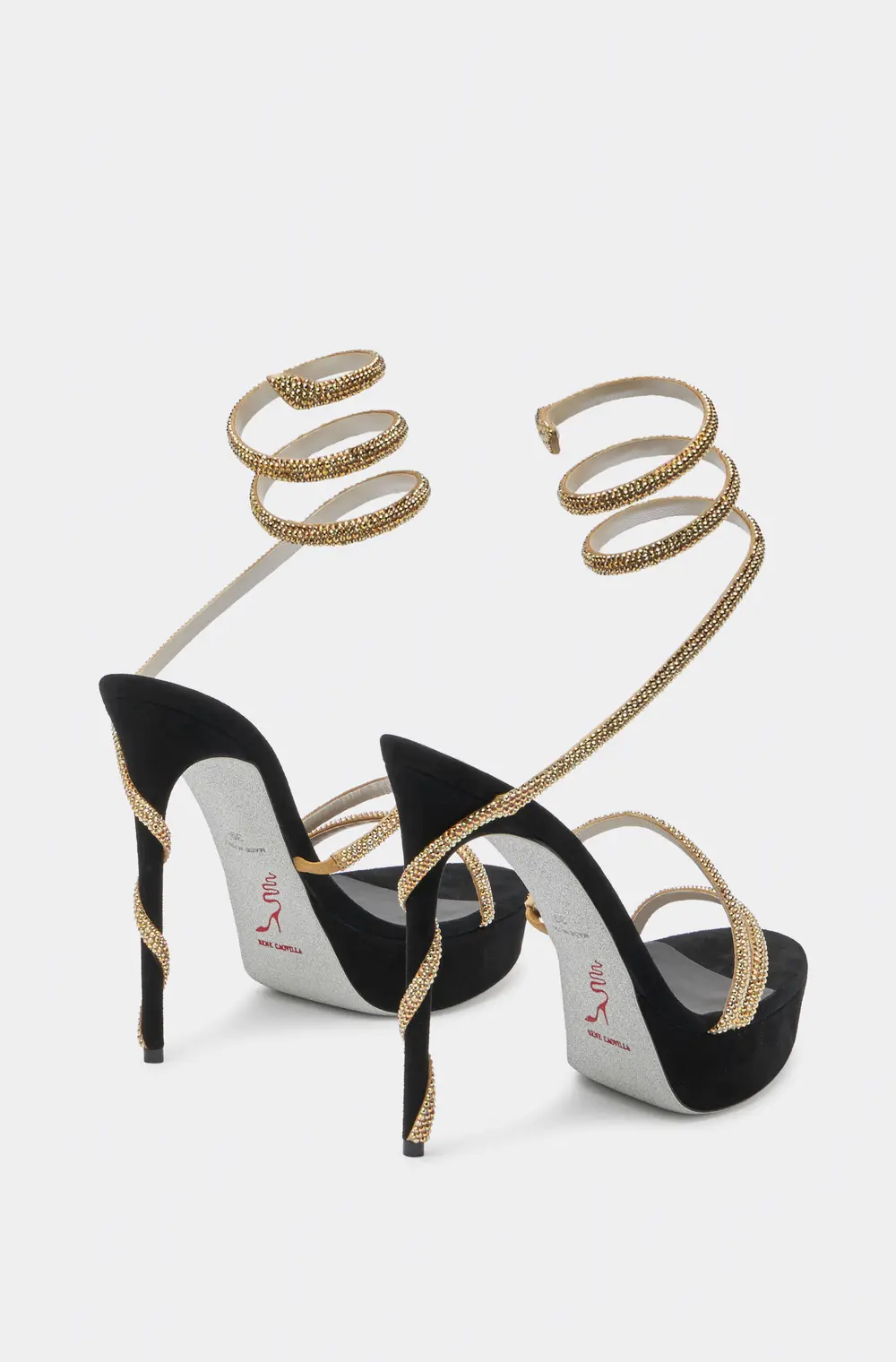 Rene Caovilla MARGOT CRYSTAL BLACK-GOLD PLATFORM SANDAL 130