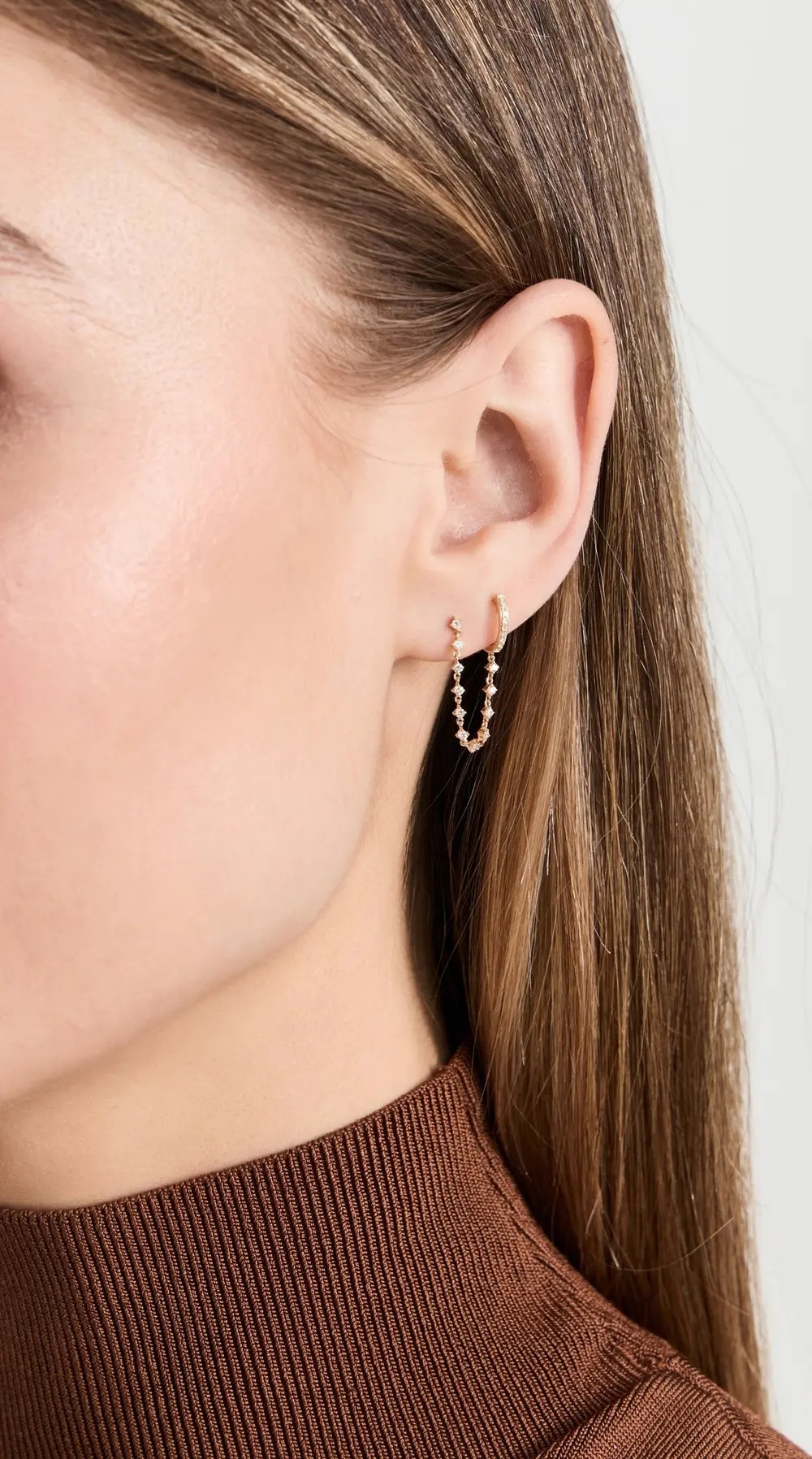 EF Collection Diamond Mini Huggie and Prong Set Chain Stud Earring