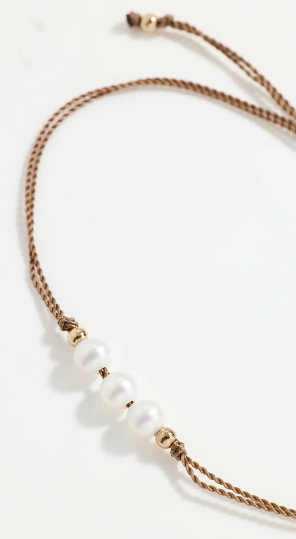 Zoe Chicco 14k Gold Beads with 3 Pearls on Taupe Cord Bracelet