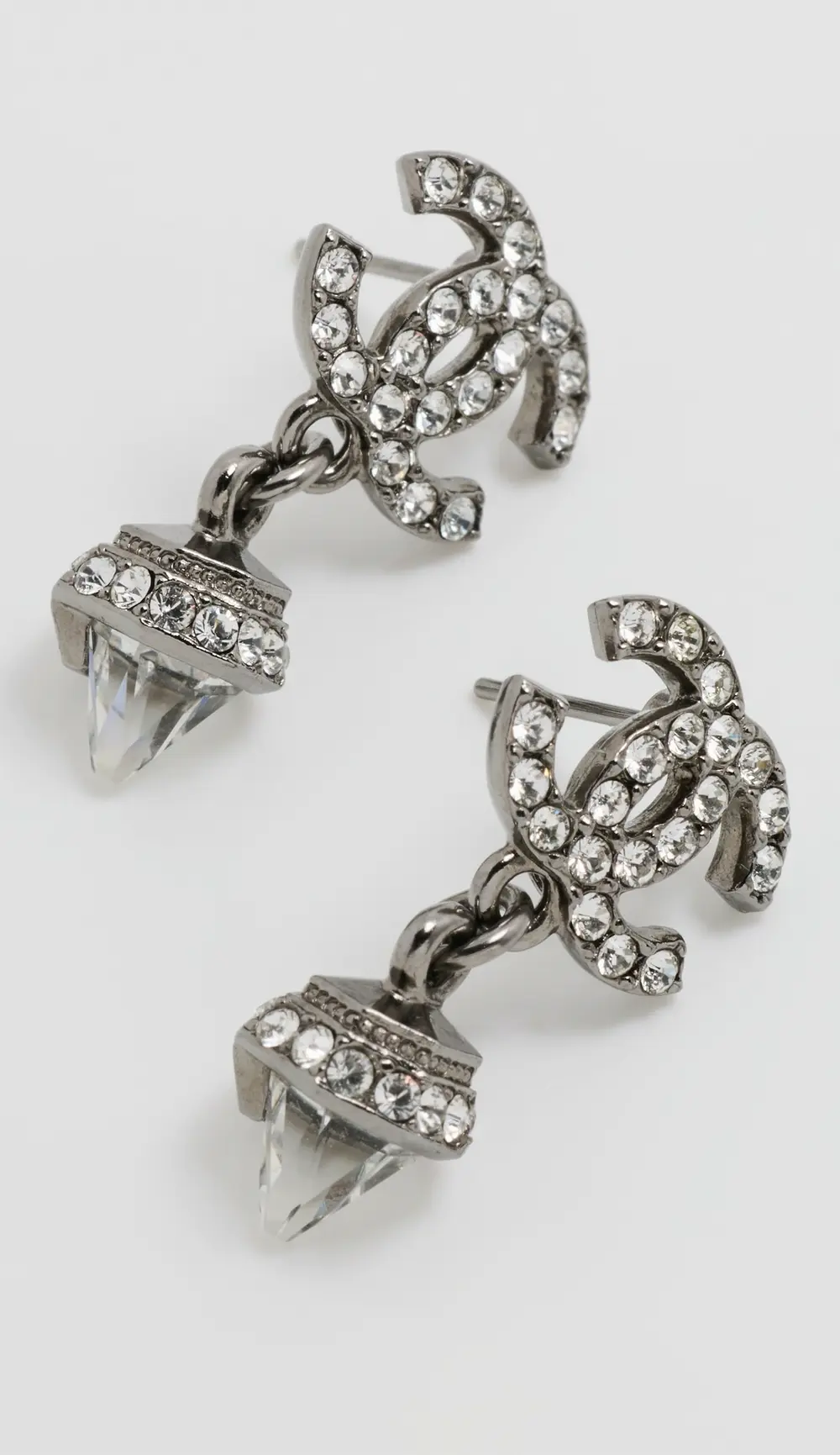 What Goes Around Comes Around Chanel Silver Crystal CC Drop Earrings