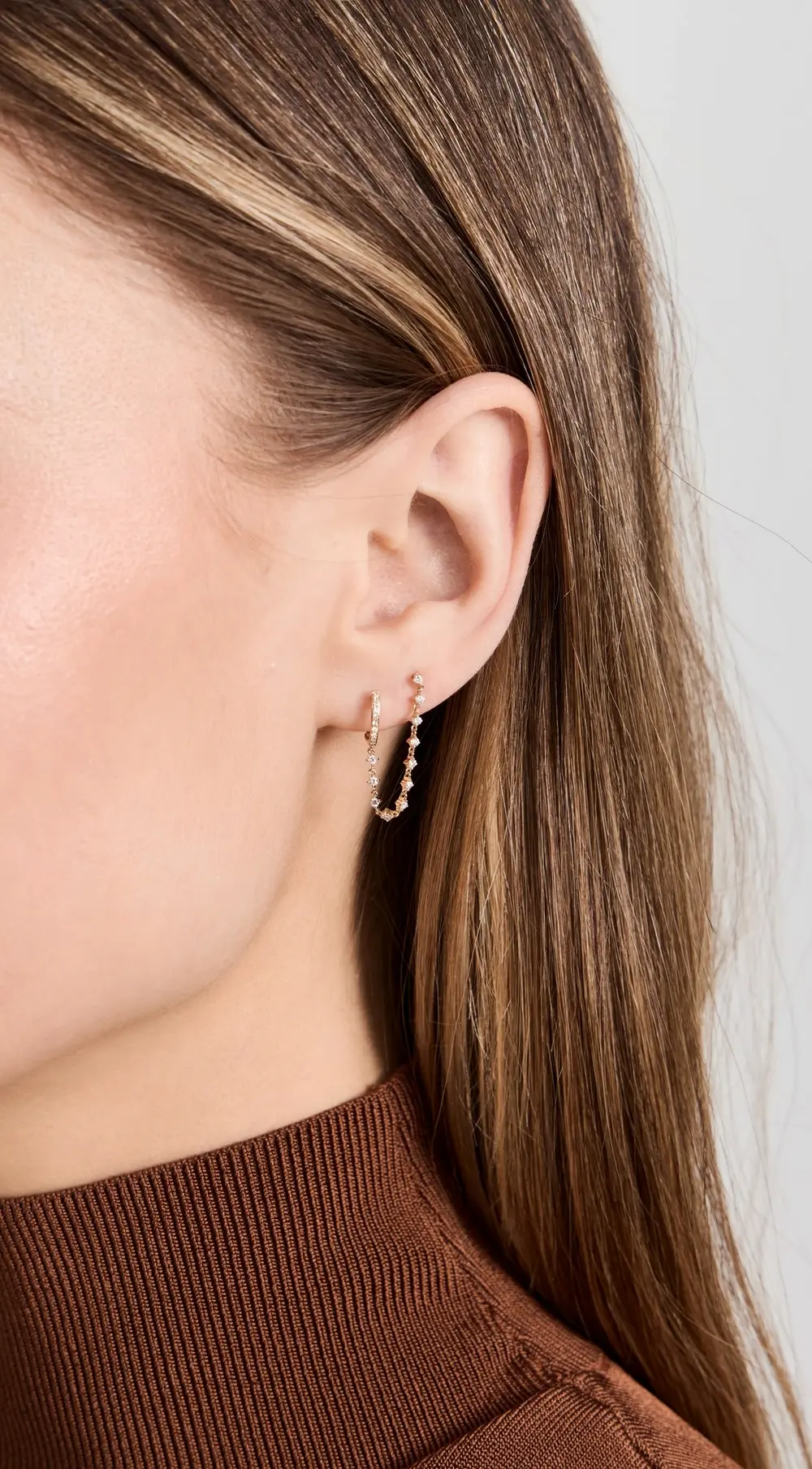 EF Collection Diamond Mini Huggie and Prong Set Chain Stud Earring