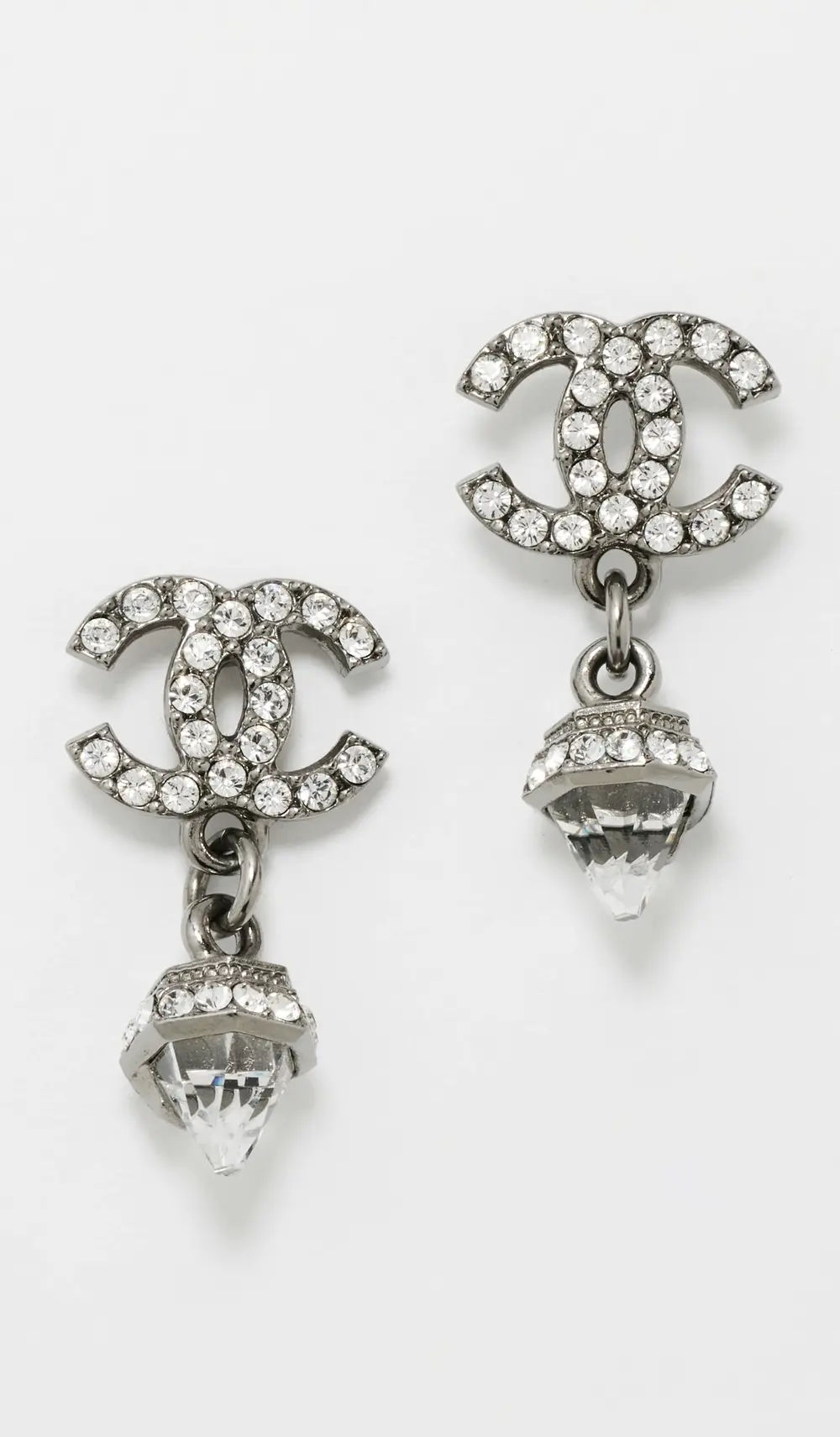 What Goes Around Comes Around Chanel Silver Crystal CC Drop Earrings