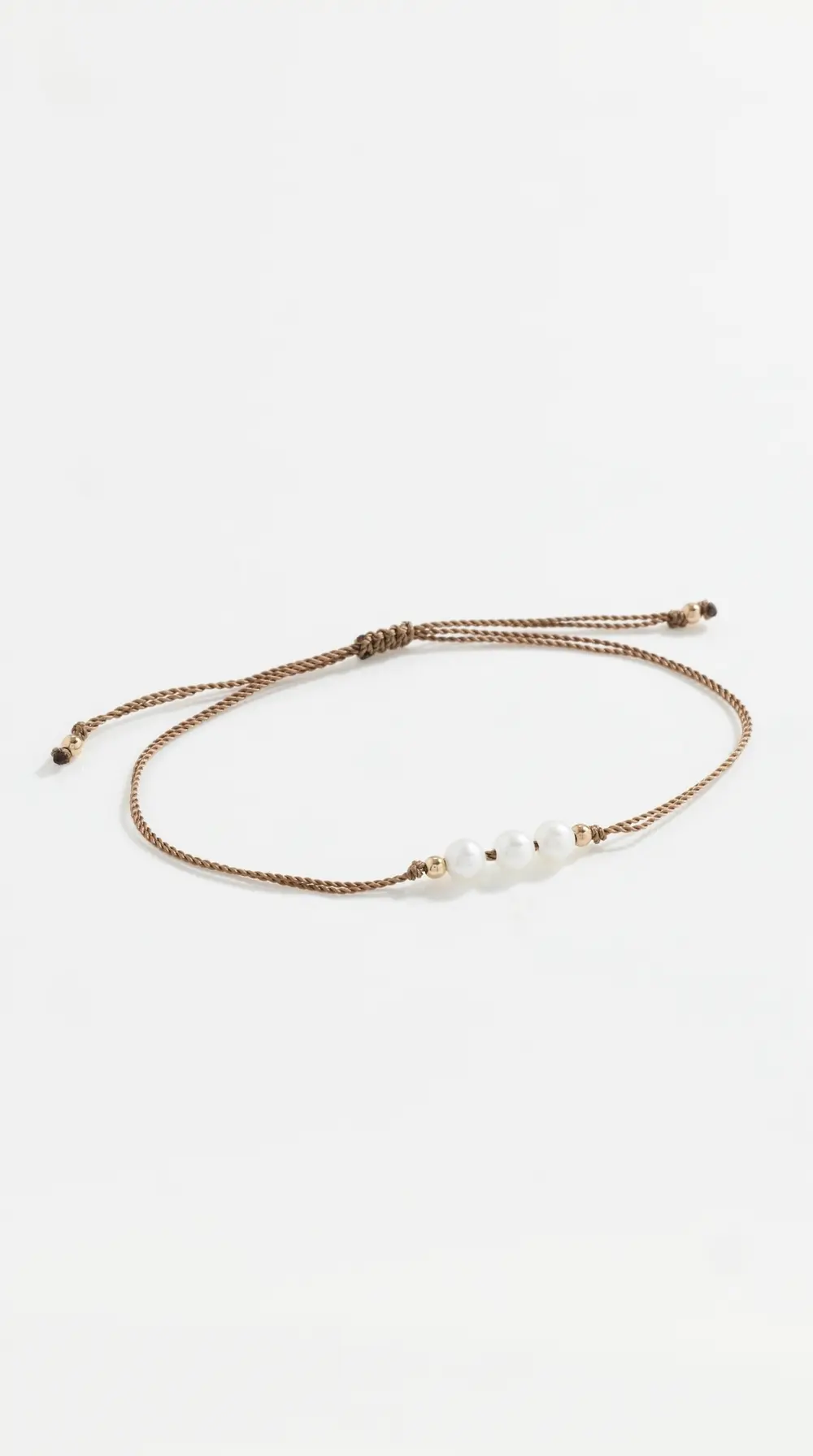 Zoe Chicco 14k Gold Beads with 3 Pearls on Taupe Cord Bracelet
