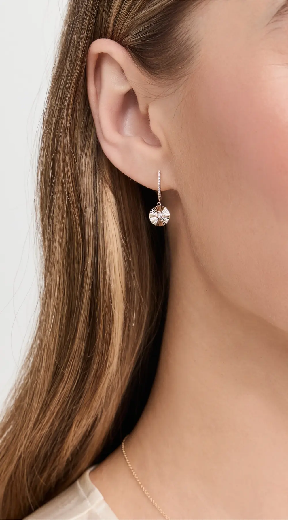 EF Collection 14k Gold & Diamond Fluted Disc Drop Huggies