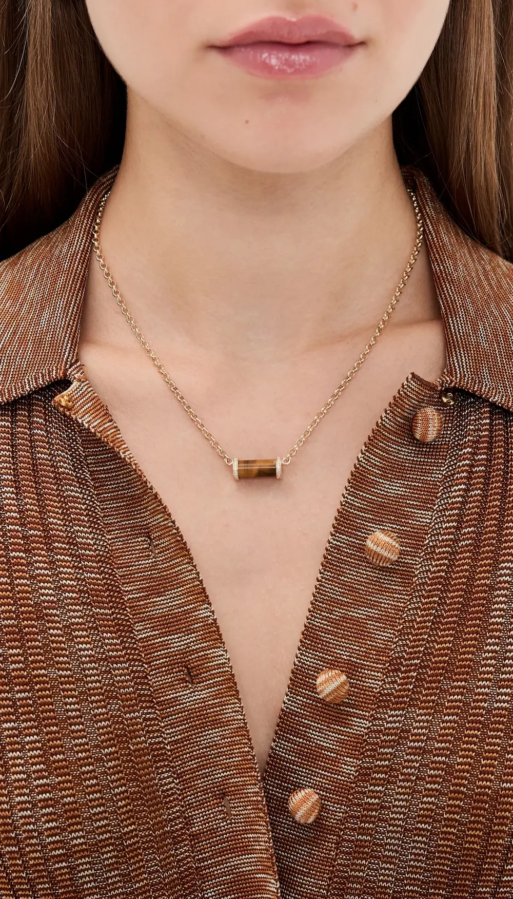 Zoe Chicco 14k Gold & Tigers Eye Pendant with Diamonds On Rolo Chain Necklace