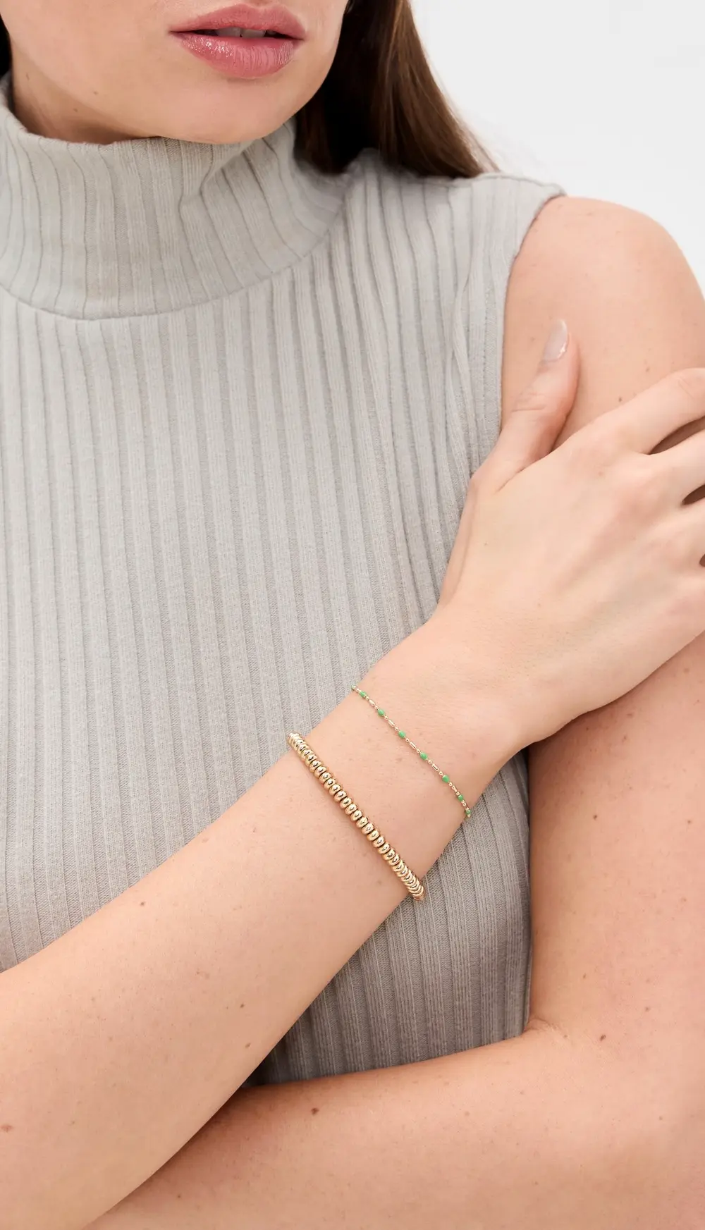 Zoe Chicco 14k Gold & Green Enamel Bar and Bead Chain Bracelet