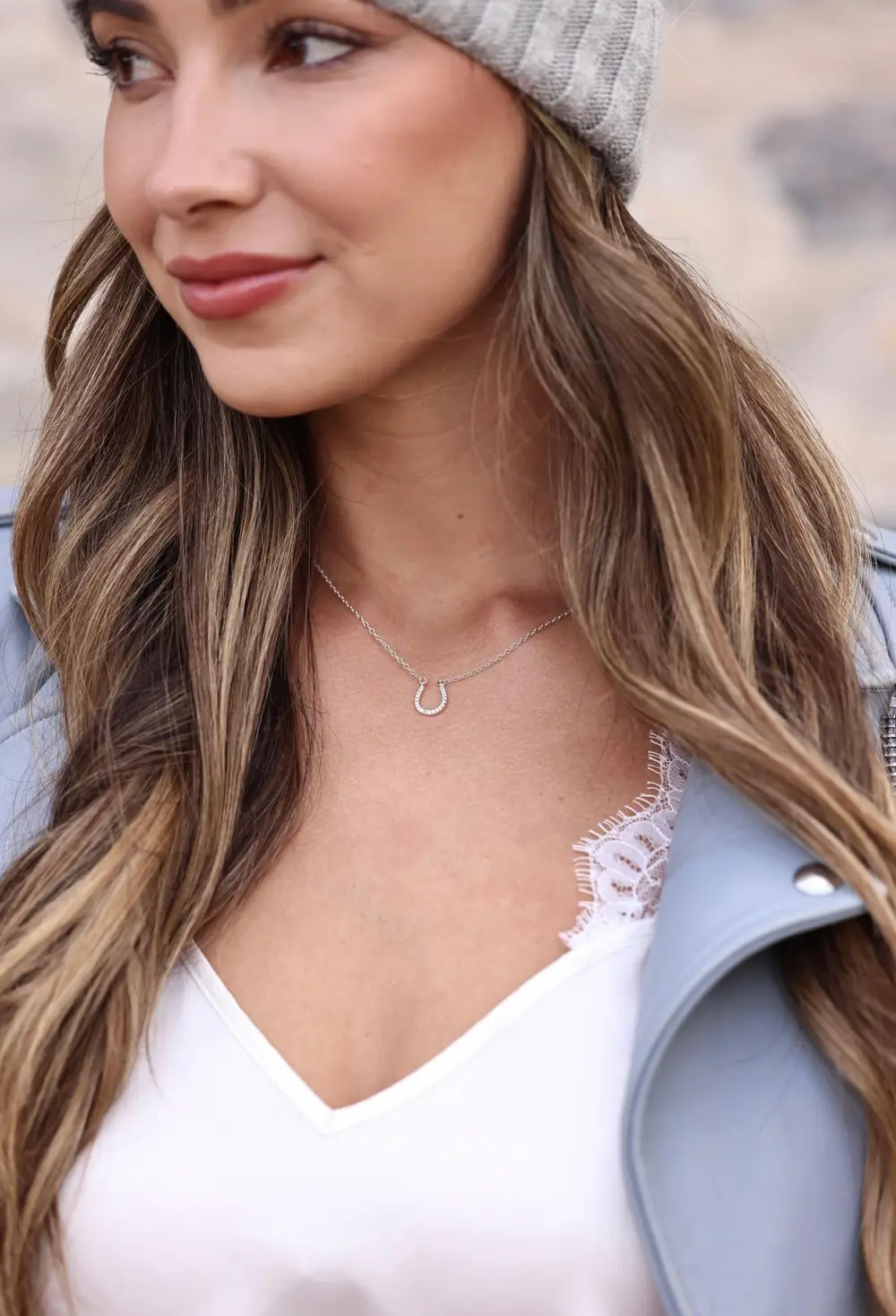 Horseshoe Pave Necklace - Silver