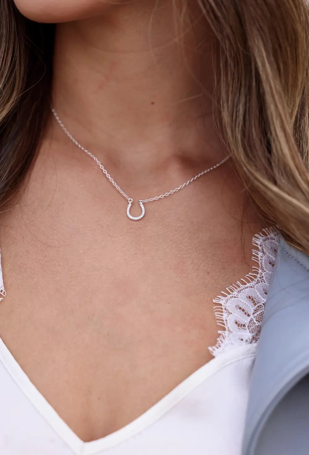 Horseshoe Pave Necklace - Silver