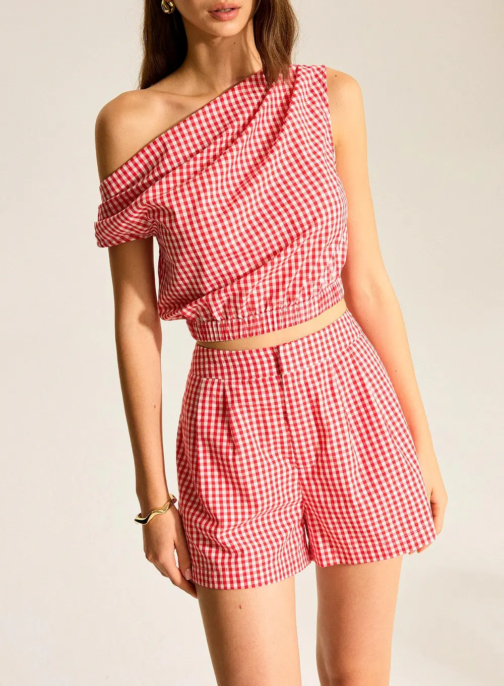 Gingham One-Shoulder Top and Shorts Set