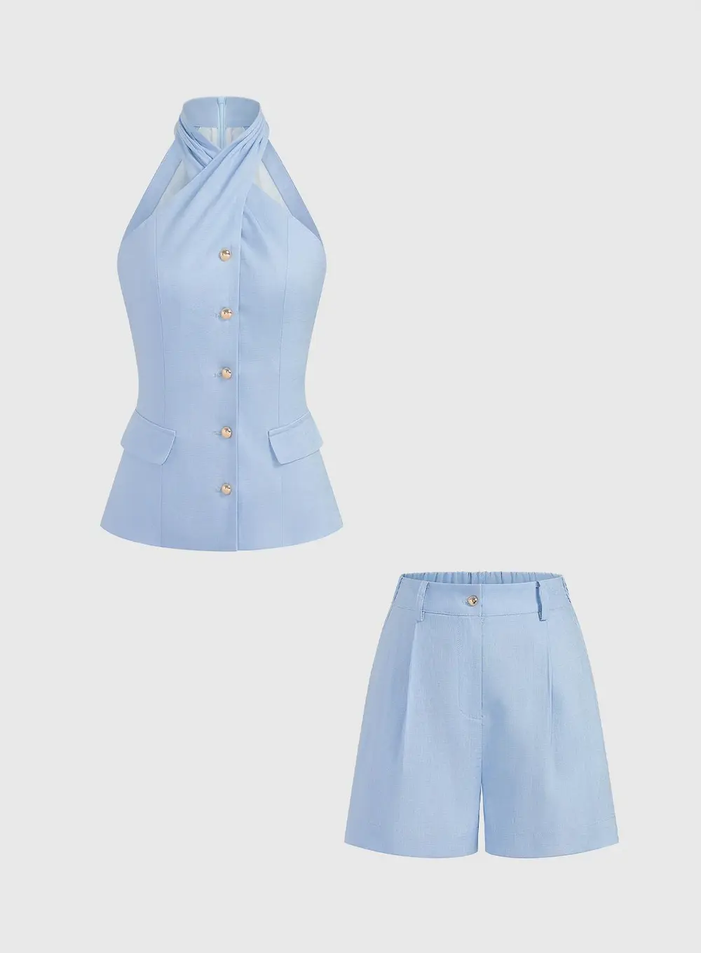 Tencel Blend Halter Buttoned Vest & Shorts Set