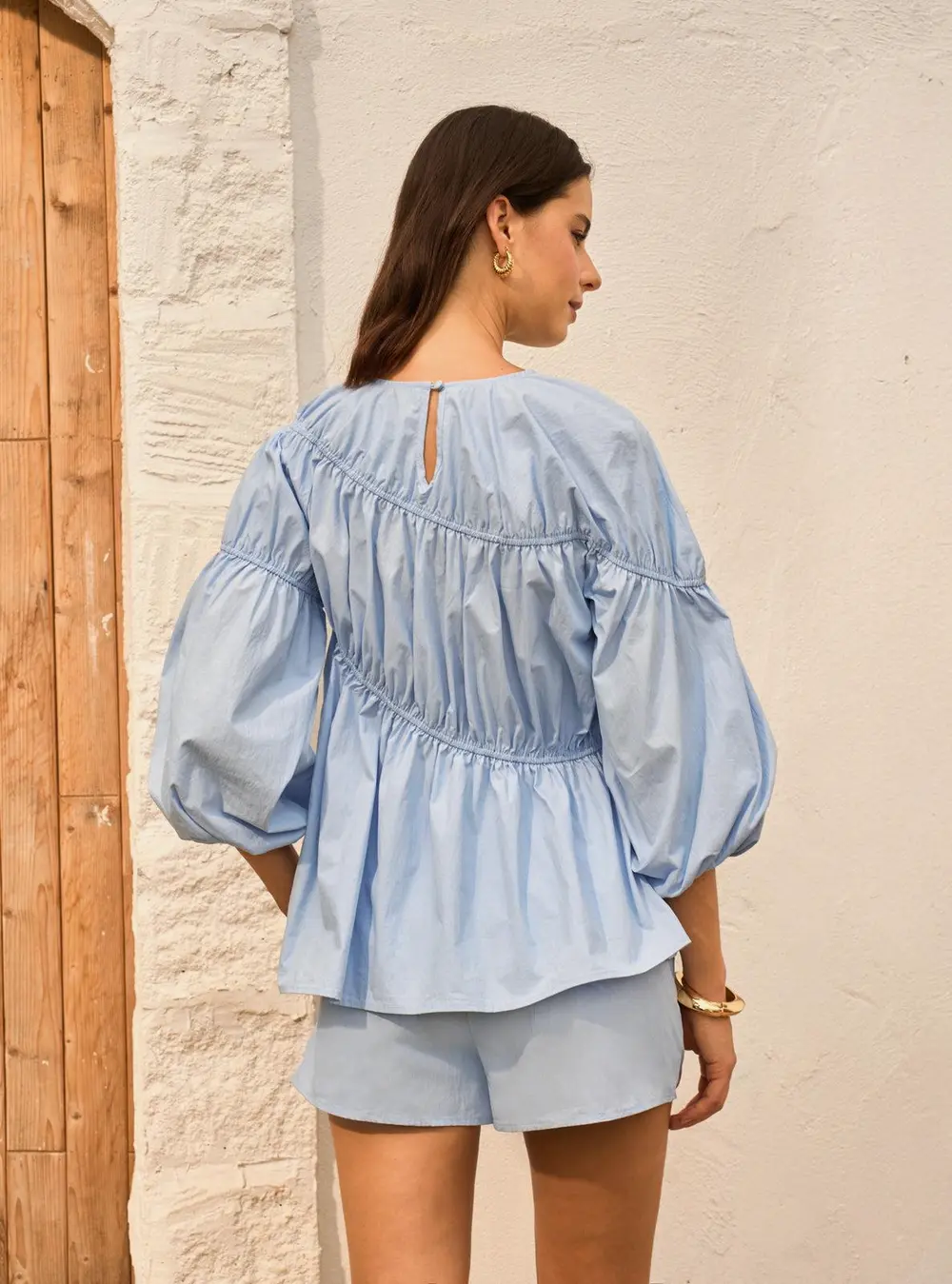 Cotton-Blend Puff Sleeve Top With Shorts Set