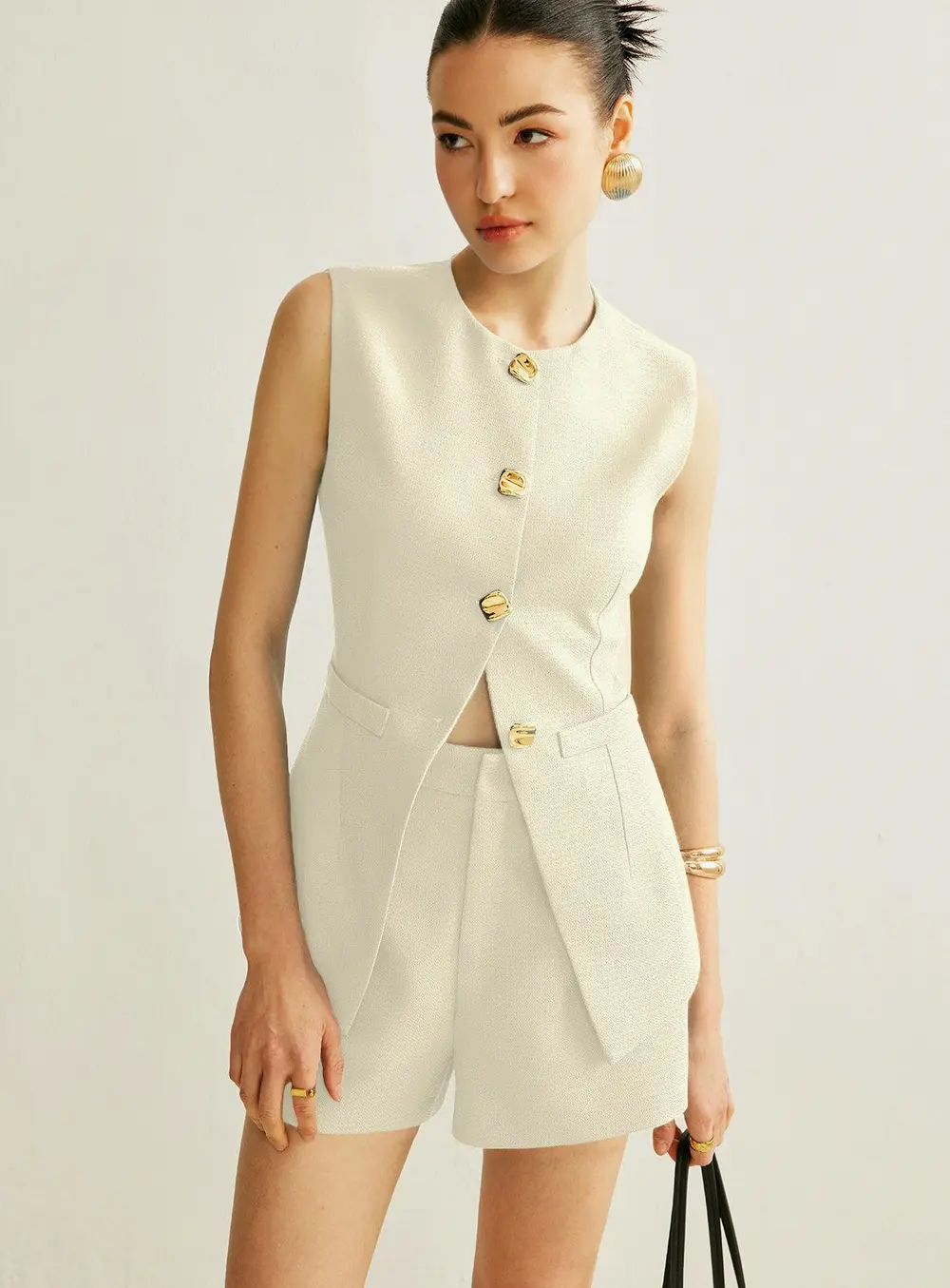 Button Vest With Shorts Set