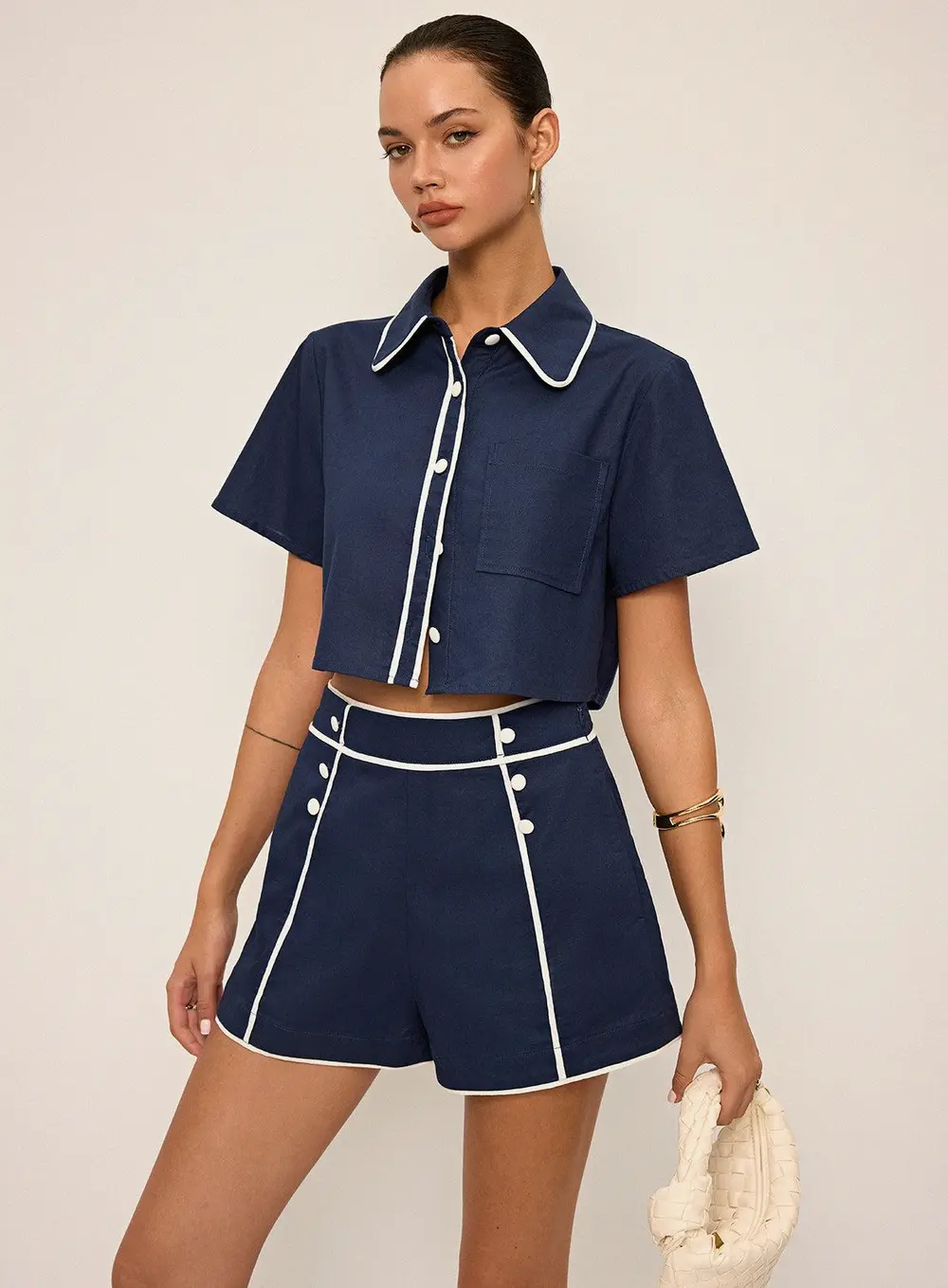 Contrast Piping Crop Shirt and Shorts Set
