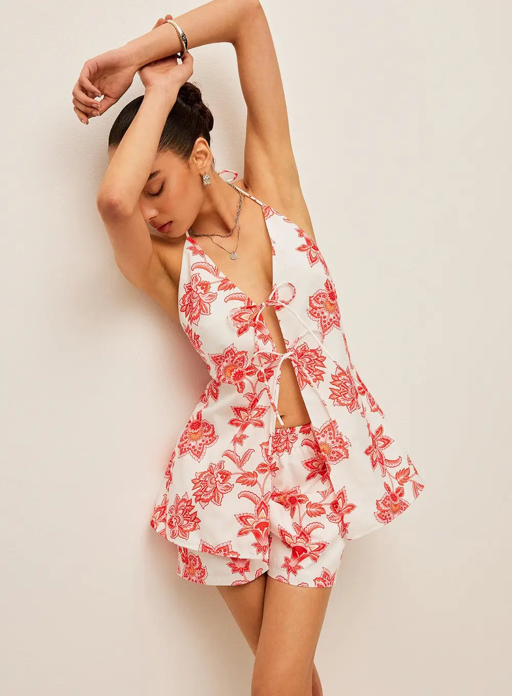Floral Halter Neck Tie-Front Shorts Set