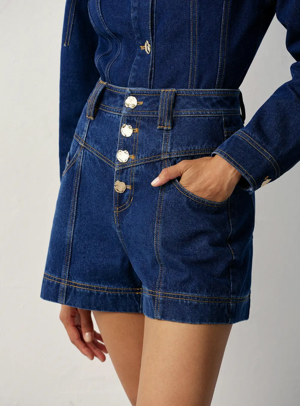 High-Waisted Button-Front Denim Short