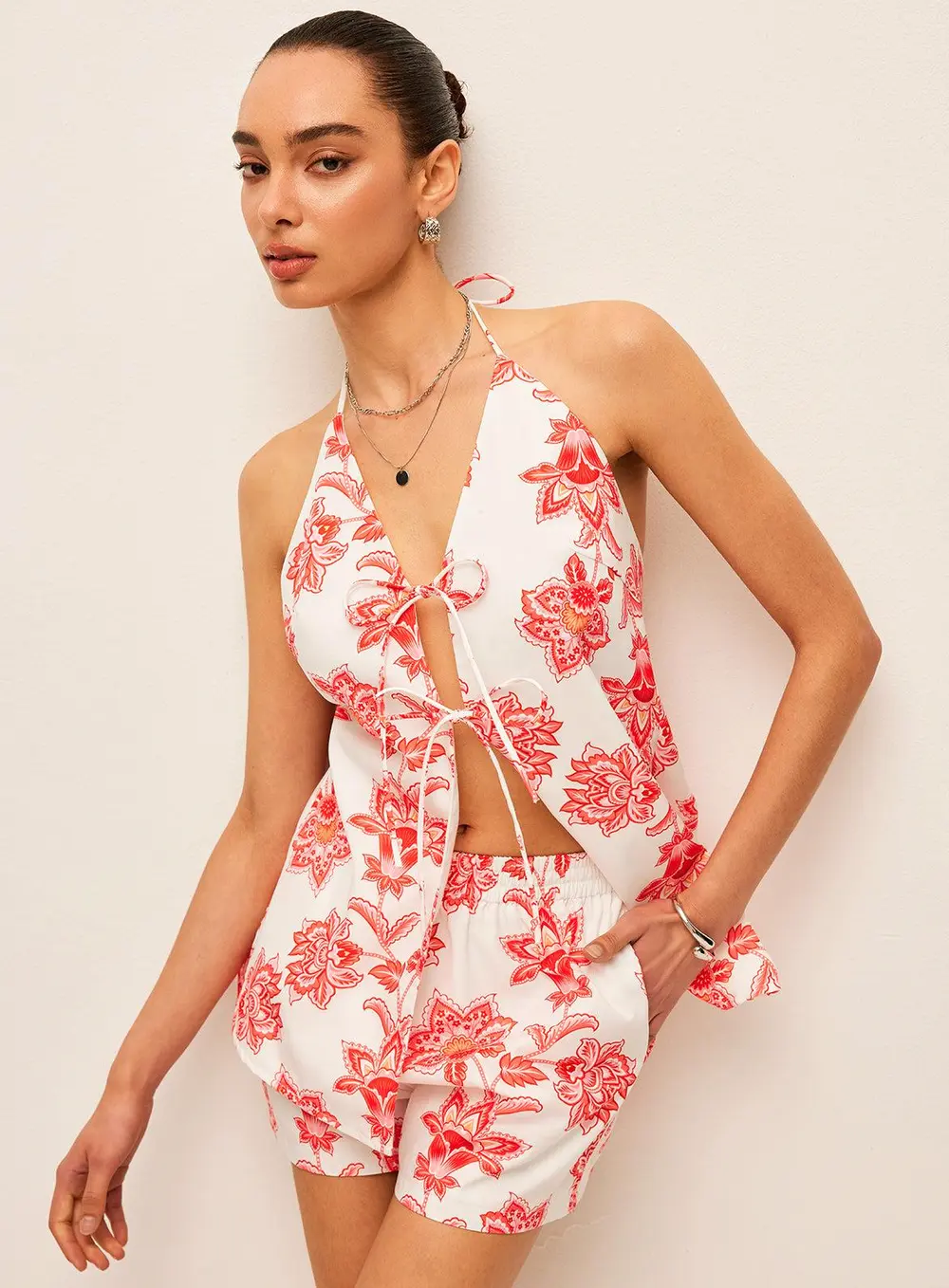 Floral Halter Neck Tie-Front Shorts Set