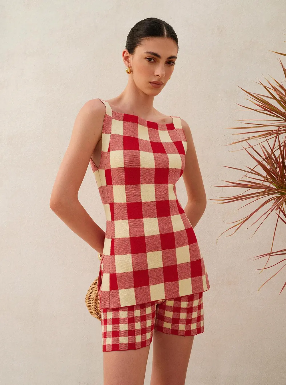 Checkerboard Sleeveless Knit Shorts Set