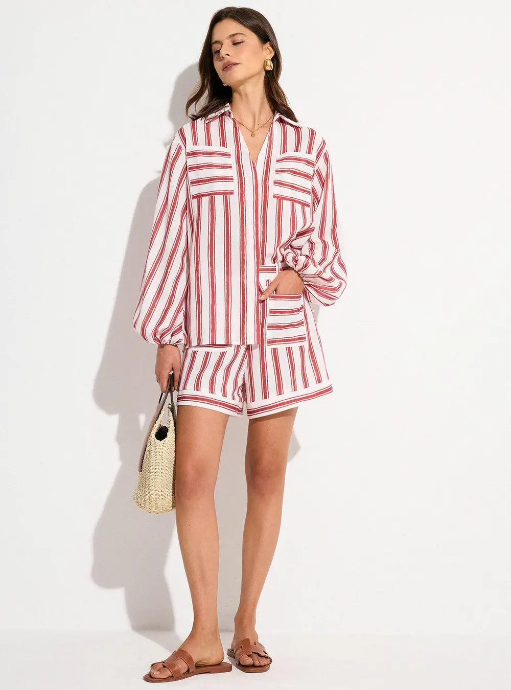 Pocketed Striped Shorts Set