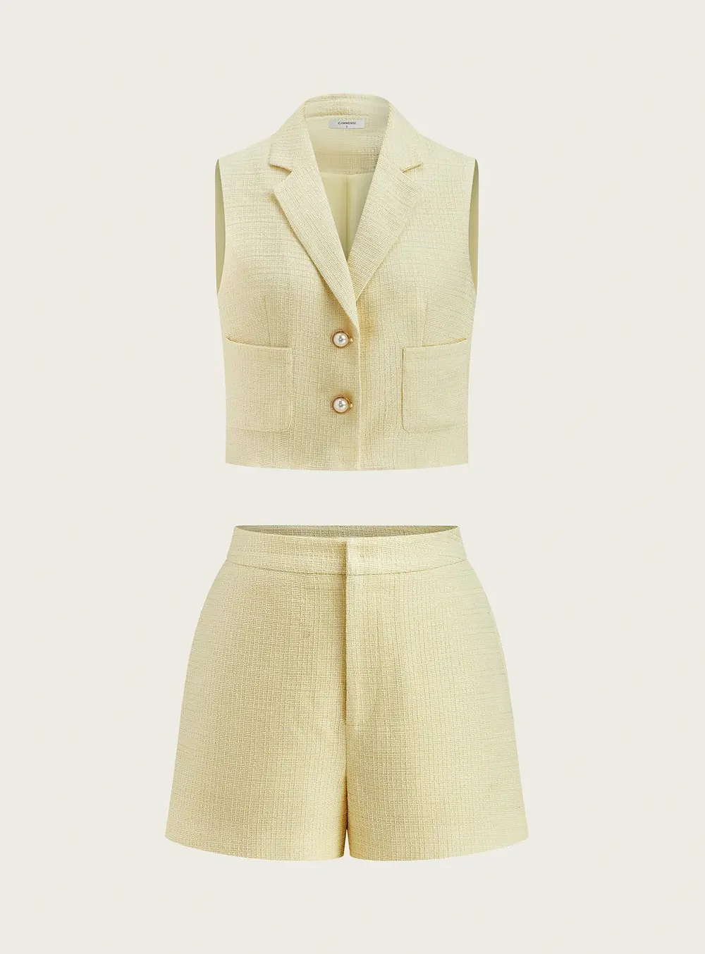 Pearl Button Tweed Vest and Shorts Set