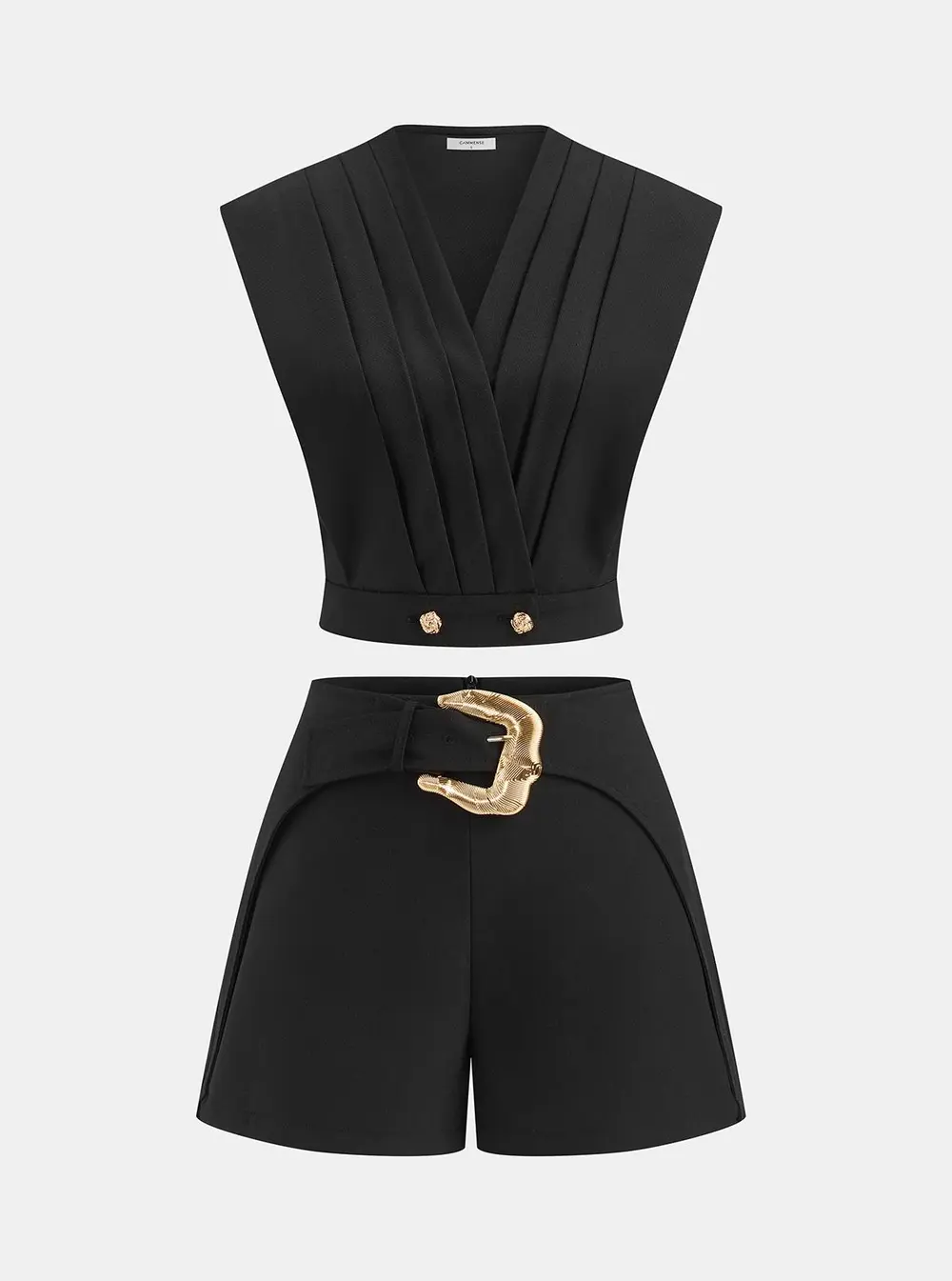 Linen-Blend Pleated Top & Buckle Shorts Set