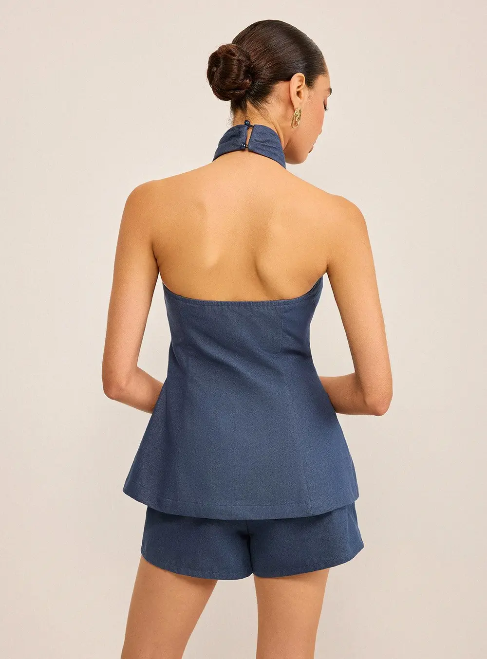 Metal Button Halter Neck Top with Shorts Set