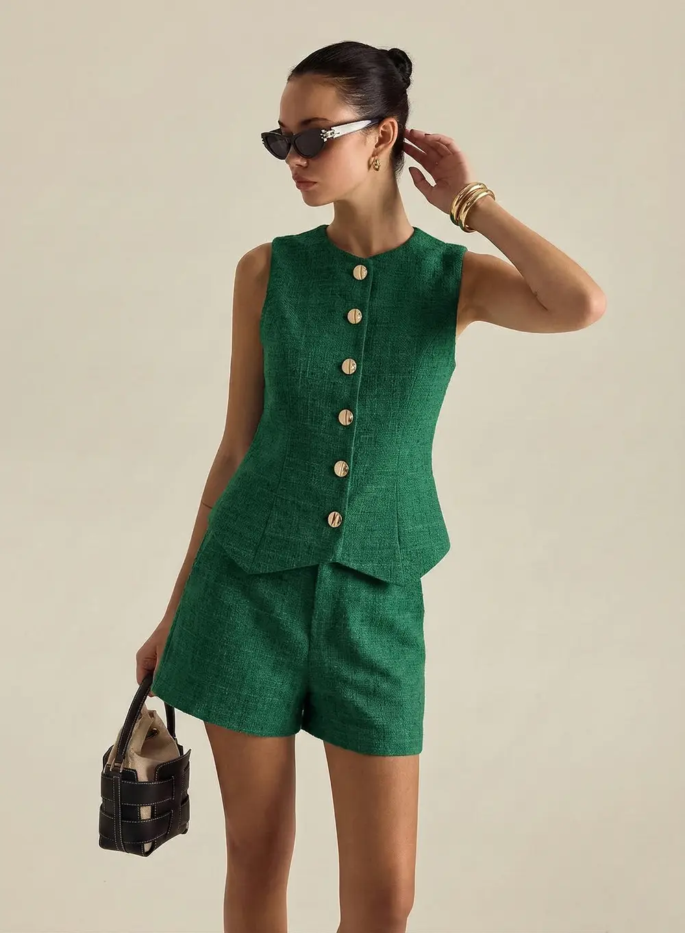 Tweed Buttoned Vest & Mini Shorts Set