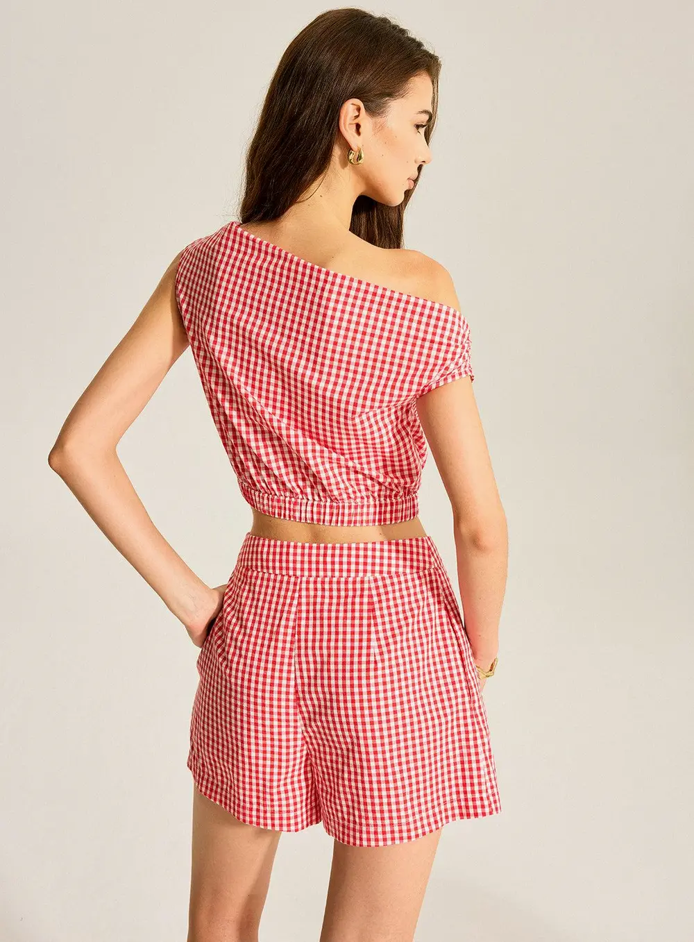 Gingham One-Shoulder Top and Shorts Set
