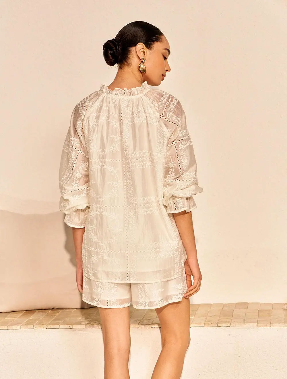 Embroidery Detail Long Sleeve Shorts Set