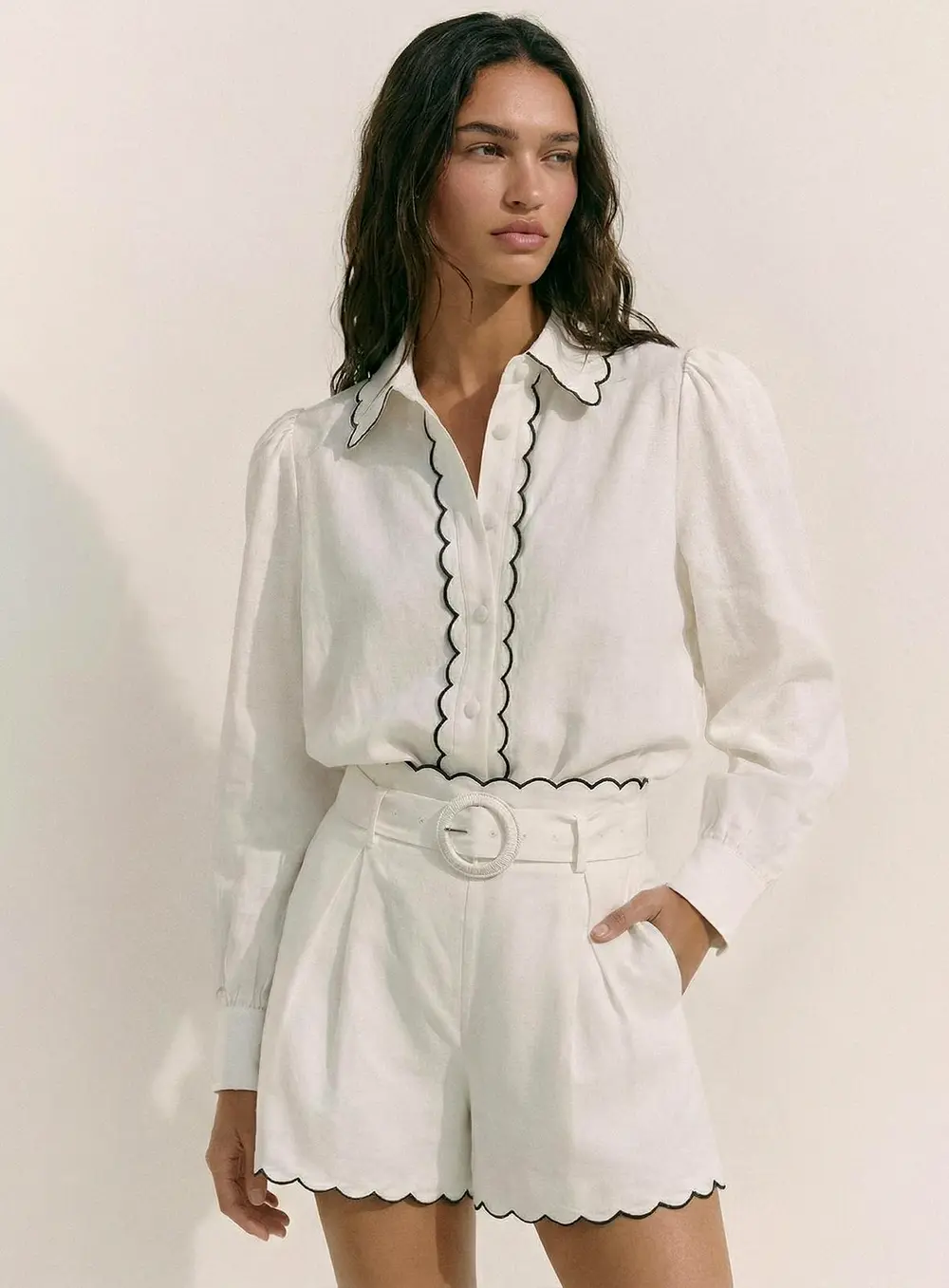 Cotton Scallop Trim Shirt & Shorts Set