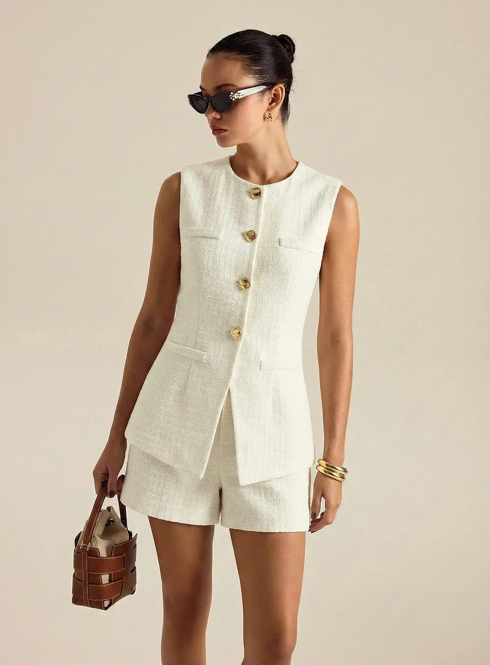 Metal Button Tweed Vest & Shorts Set