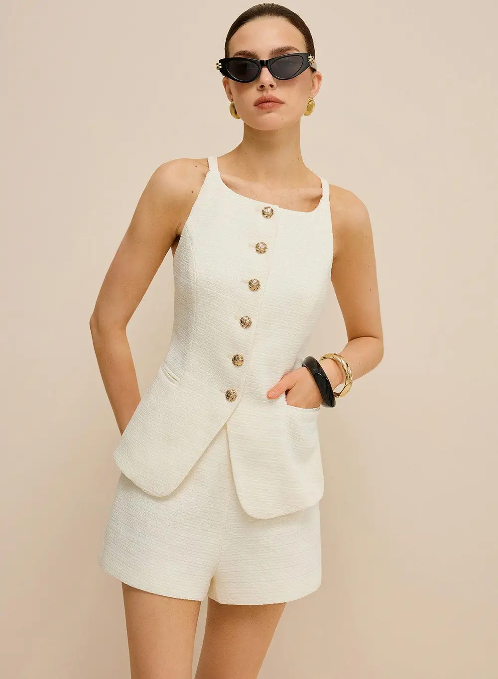 Pocketed Tweed Metal Button Shorts Set