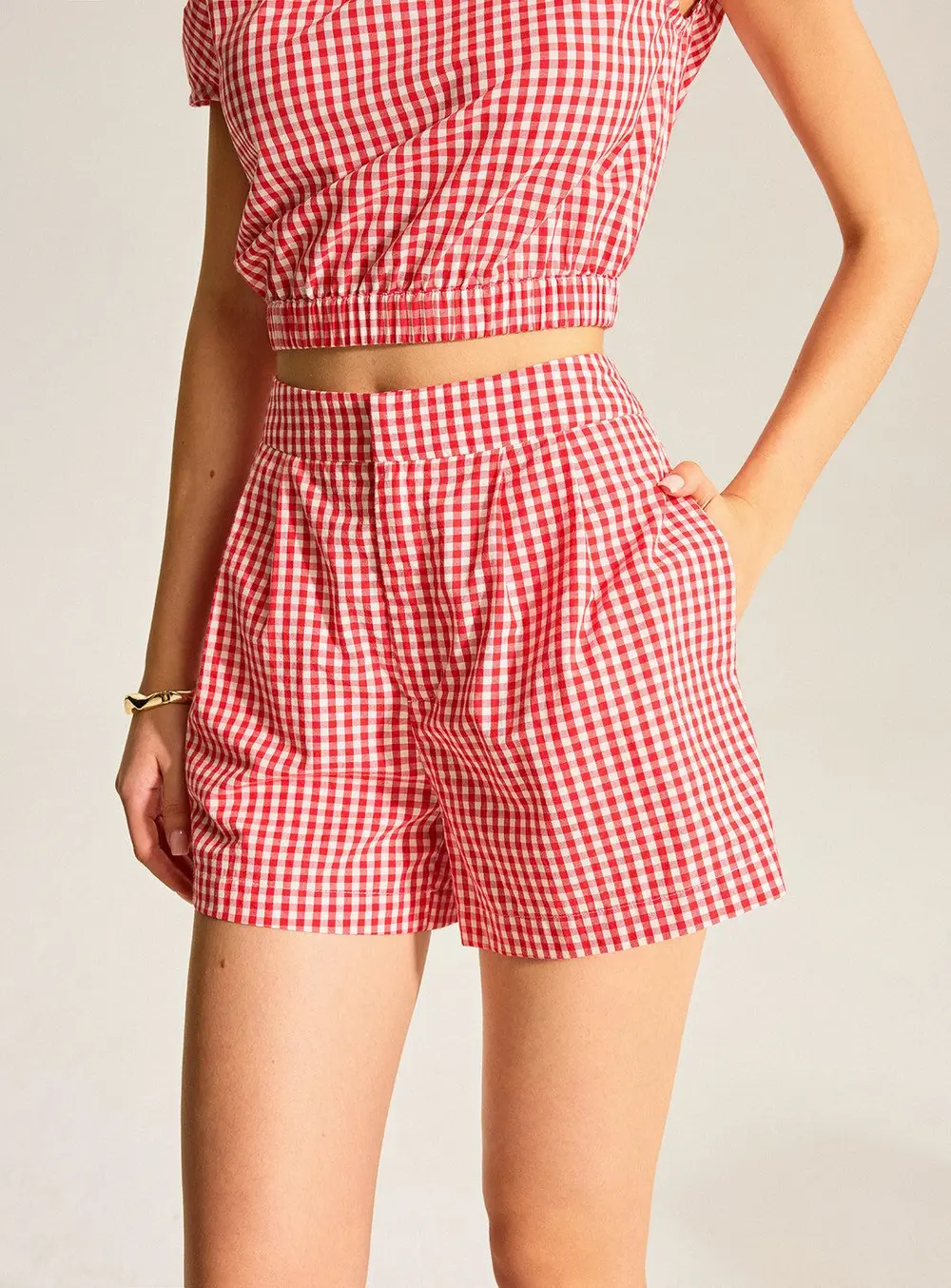 Gingham One-Shoulder Top and Shorts Set