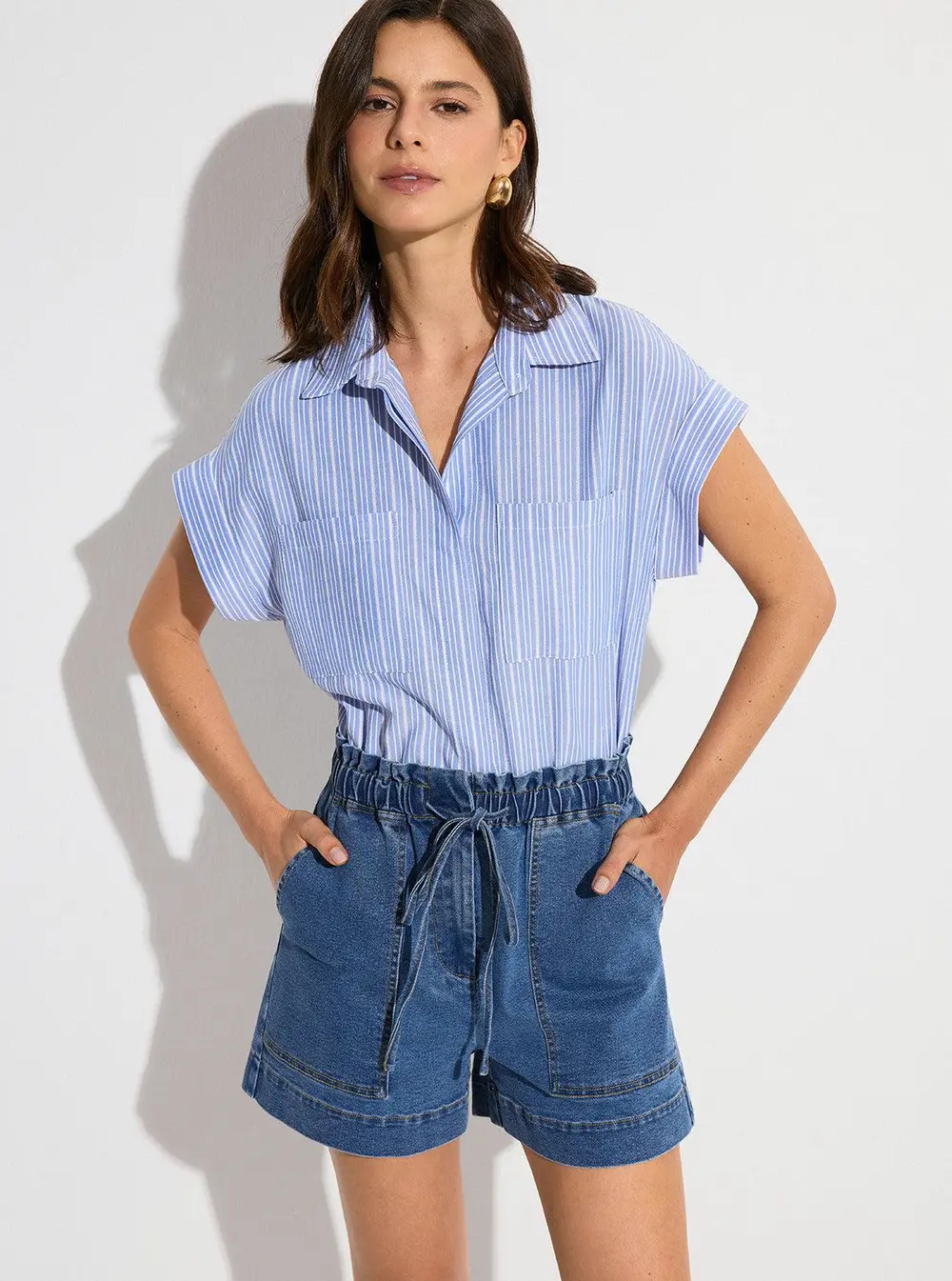 Denim Elastic-Waist Shorts with Drawstring