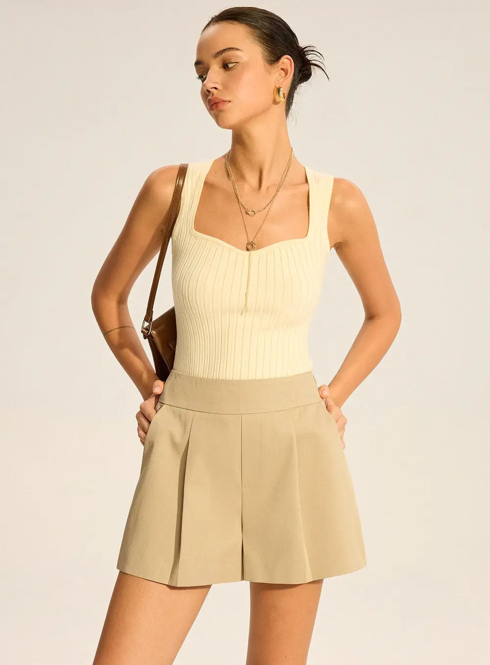 Cotton Blend Mid-Waist Pleated Shorts