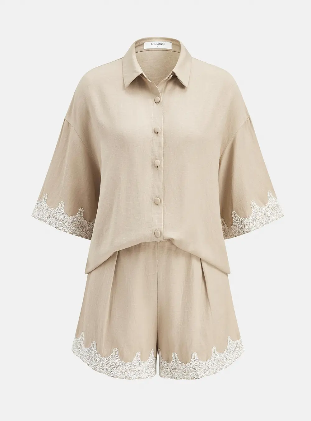 Linen Blend Lace Trim Shirt & Shorts Set