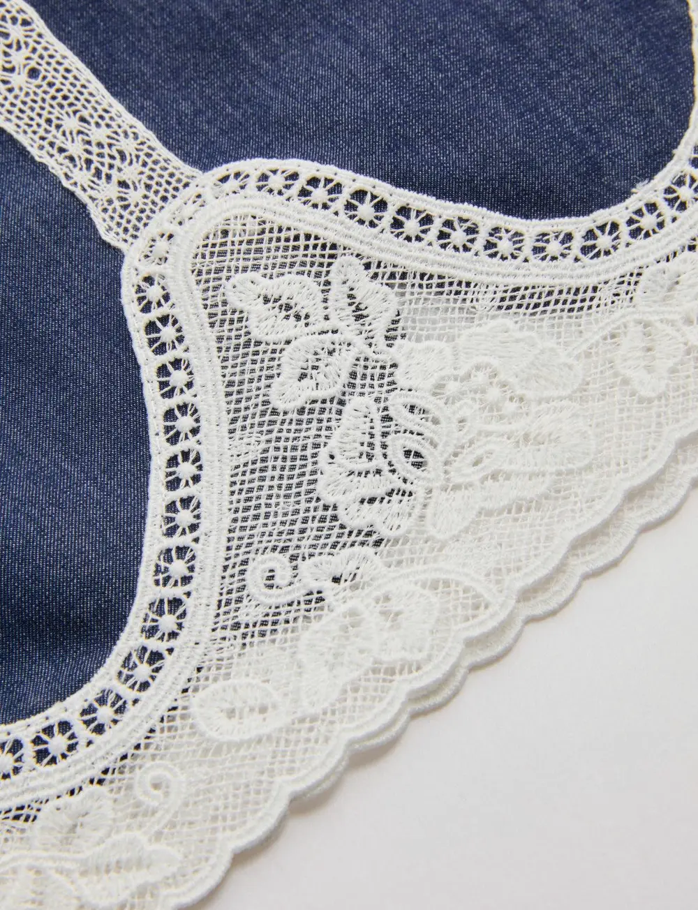 Lace Panel Faux Denim Shirt & Shorts Set