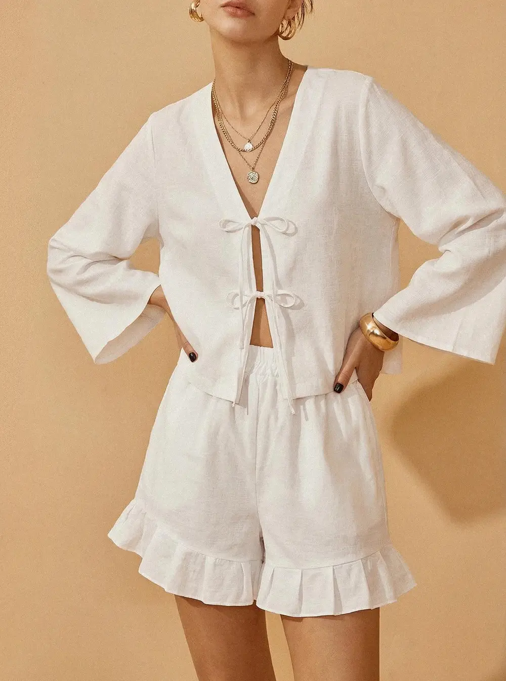 Cotton Tie-Front Blouse & Ruffled Shorts Set