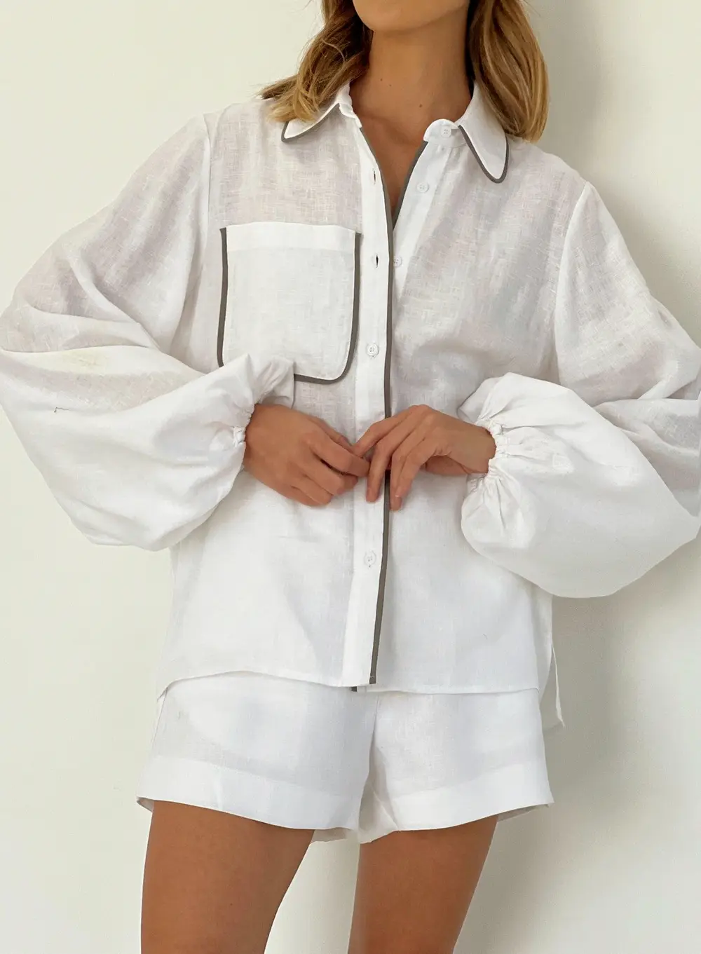 Cotton & Linen Contrast Trim Two Piece Shorts Set