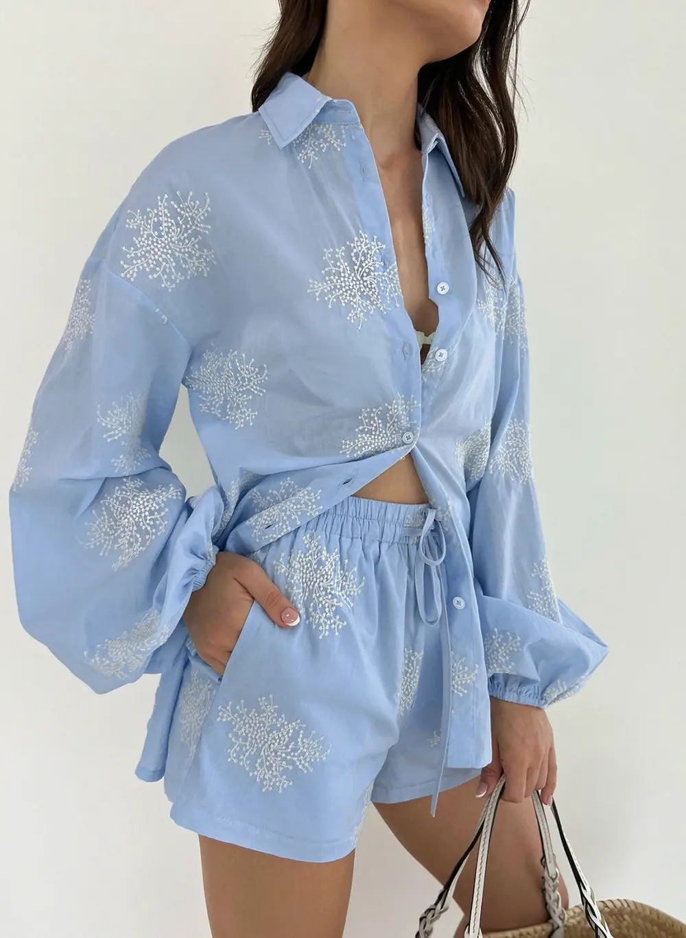 Semi-Sheer Plant Embroidery Casual Shorts Set