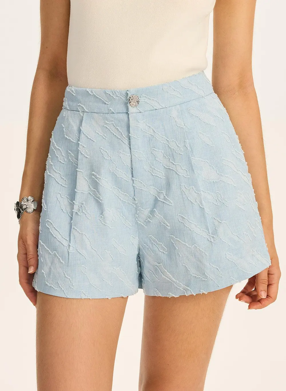 Textured Fabric Metal Button Mid-Waisted Shorts