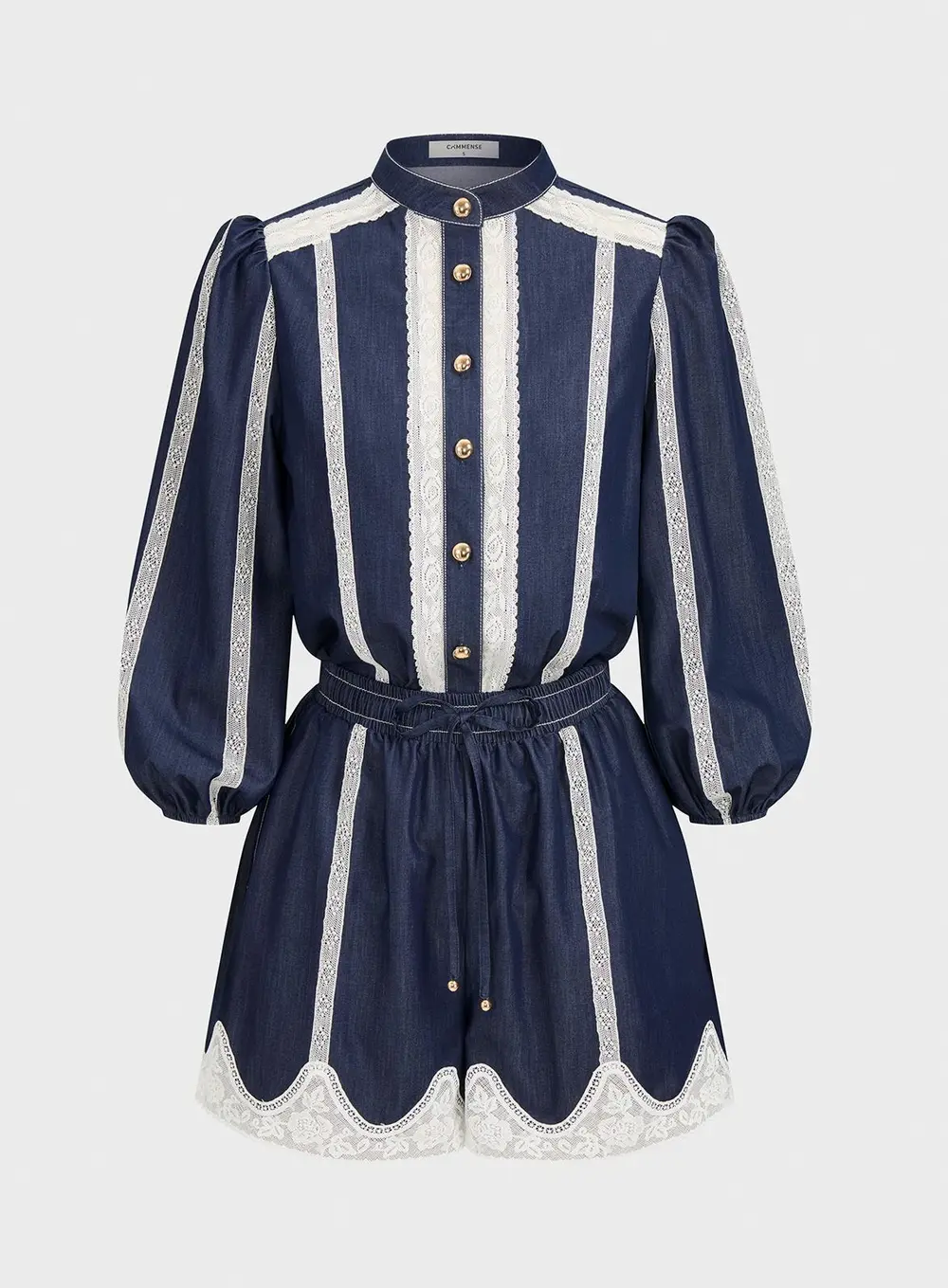 Lace Panel Faux Denim Shirt & Shorts Set