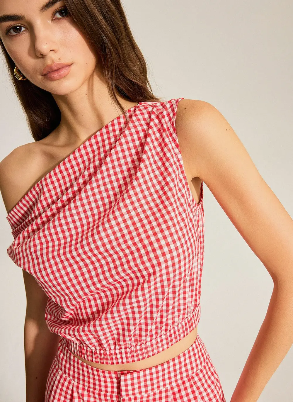 Gingham One-Shoulder Top and Shorts Set
