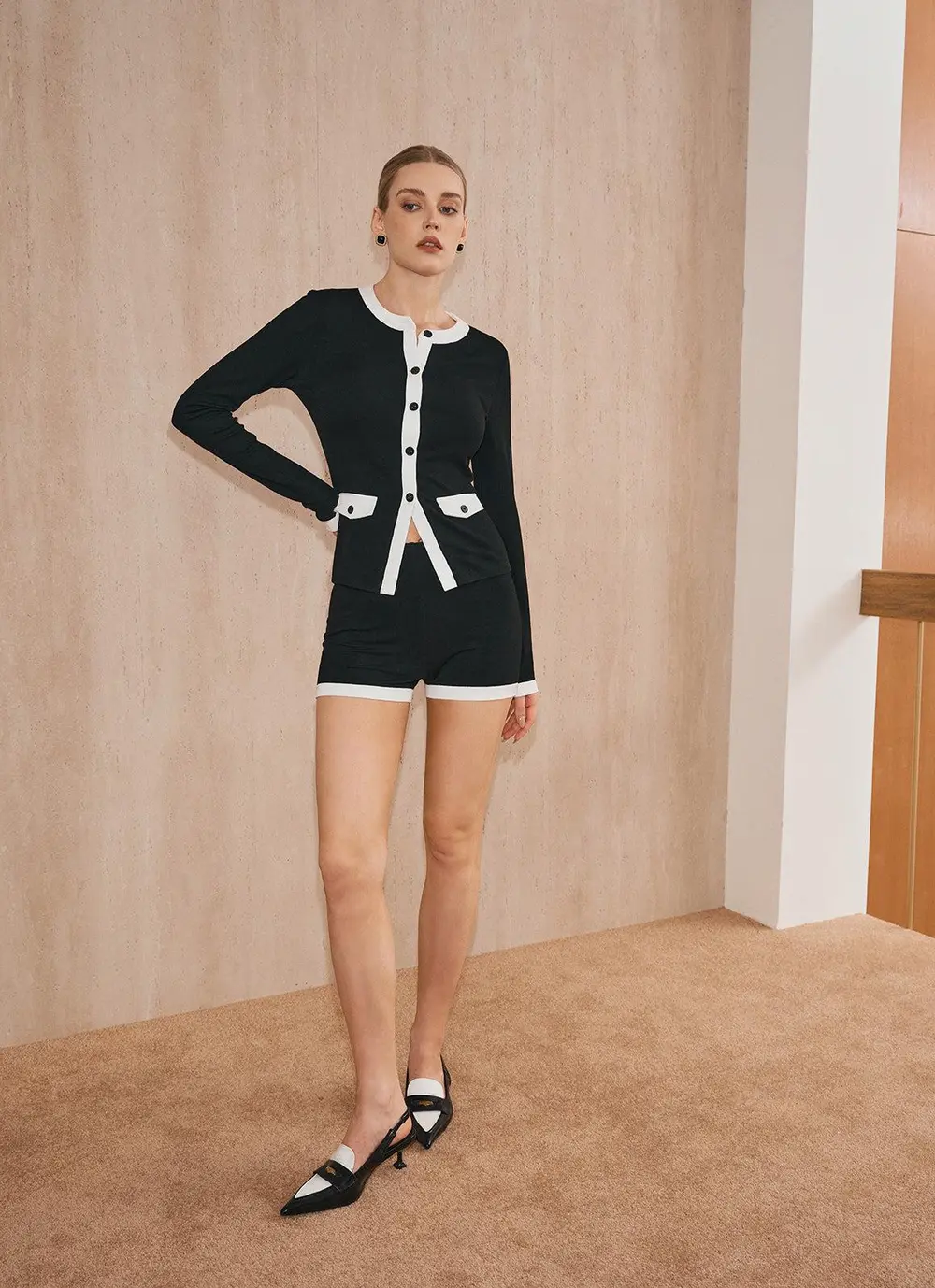 Contrast Trim Knit Cardigan and Shorts Set