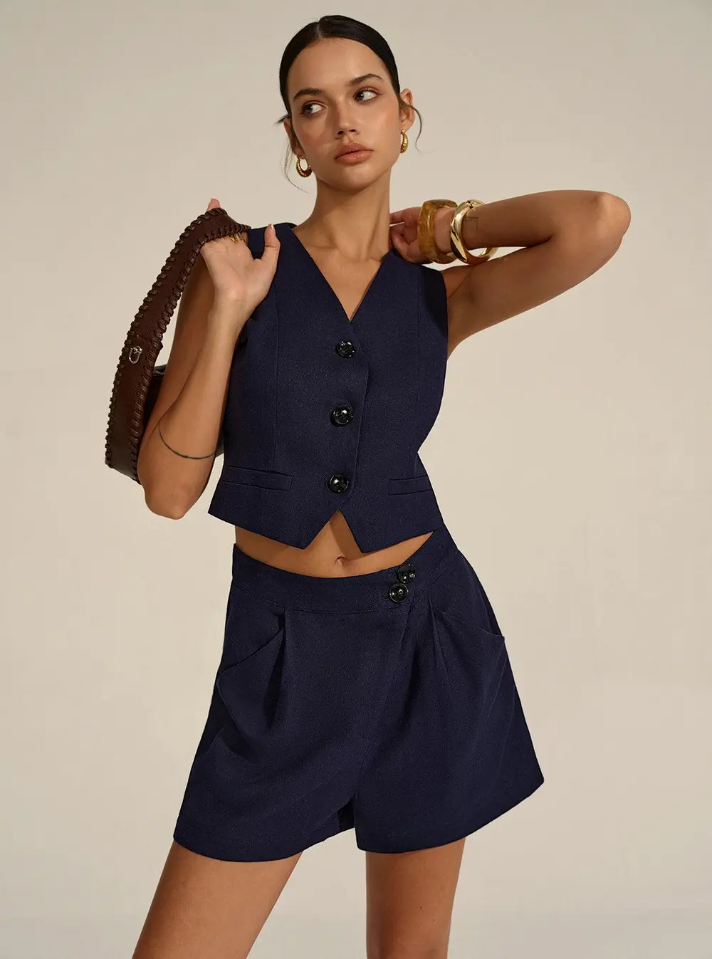 Sleeveless V-Neck Blazer Vest and Shorts Set