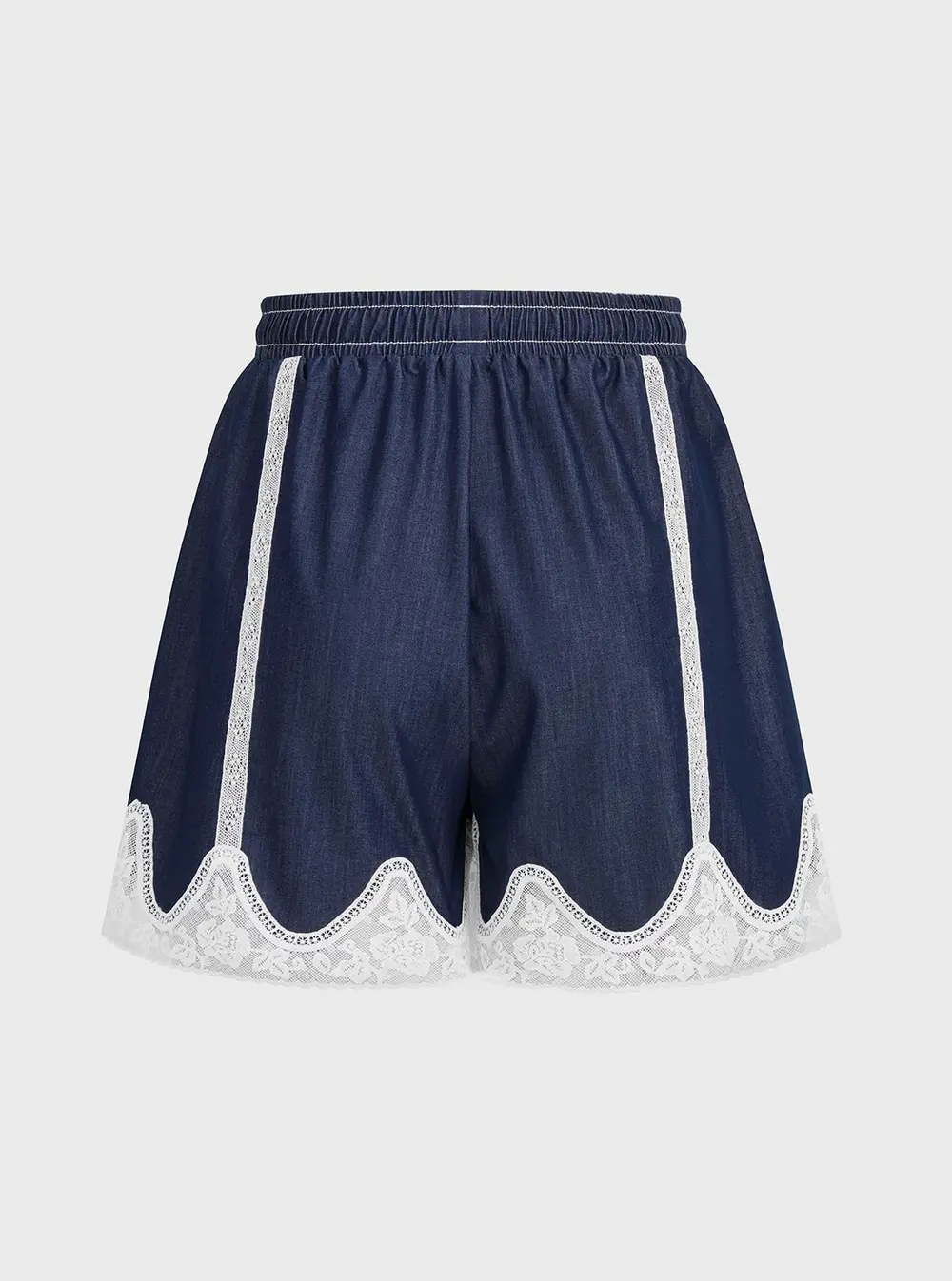 Lace Panel Faux Denim Shirt & Shorts Set