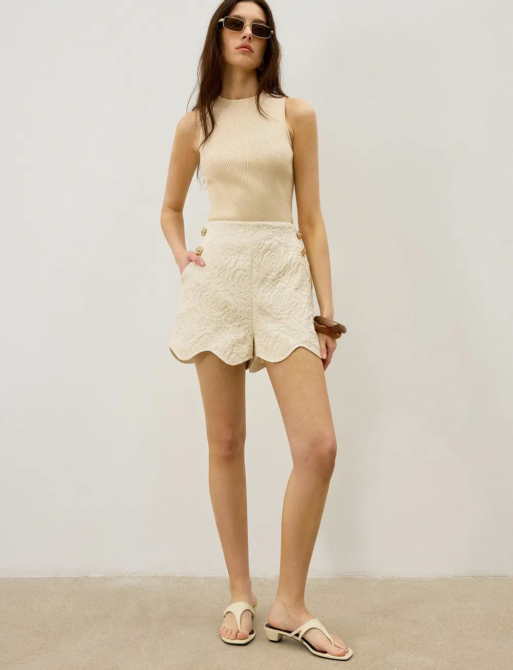 Wool-Blend Textured Jacquard Shorts with Metal Decor