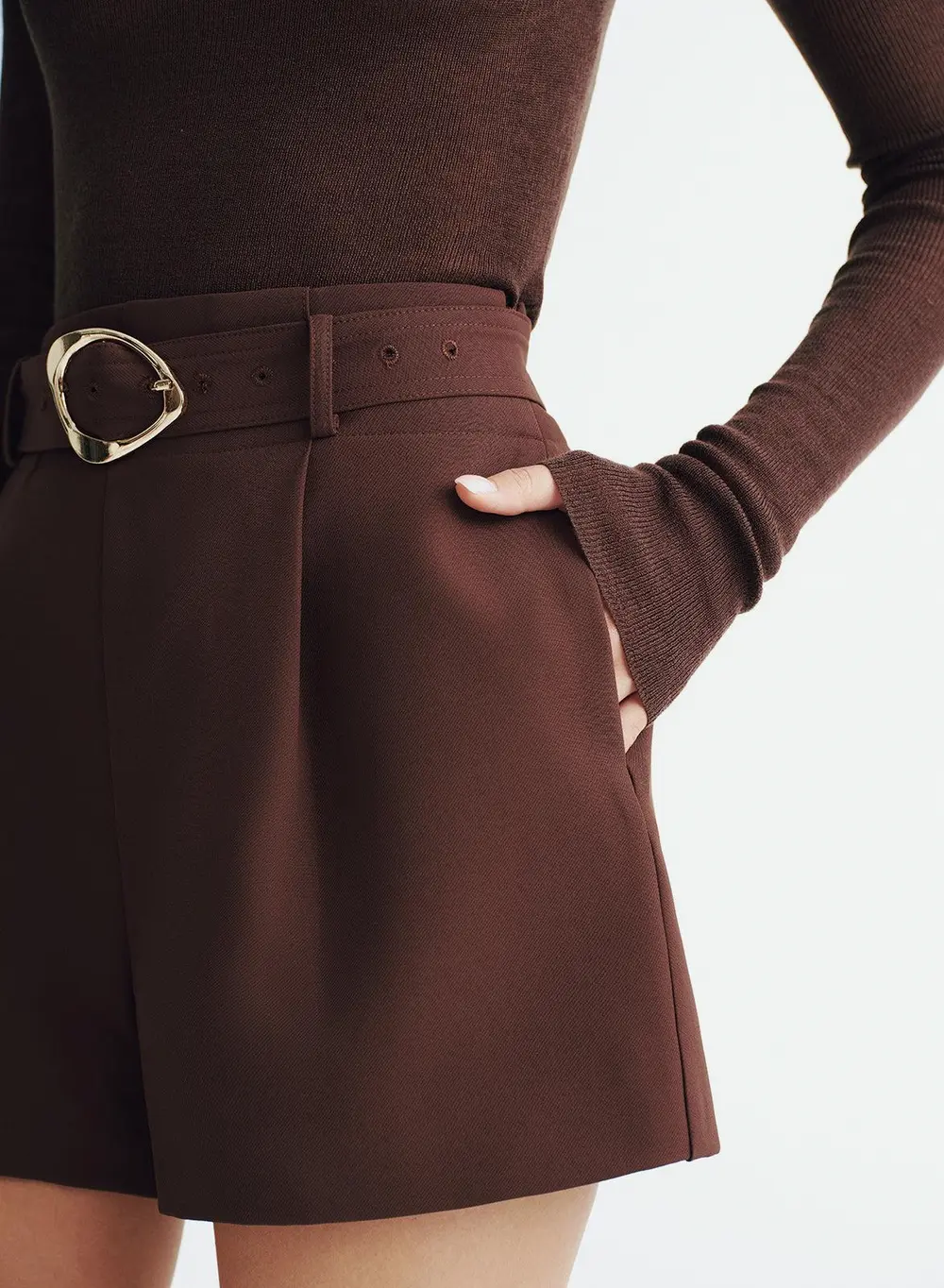 Belted High-Waisted Pleated Shorts